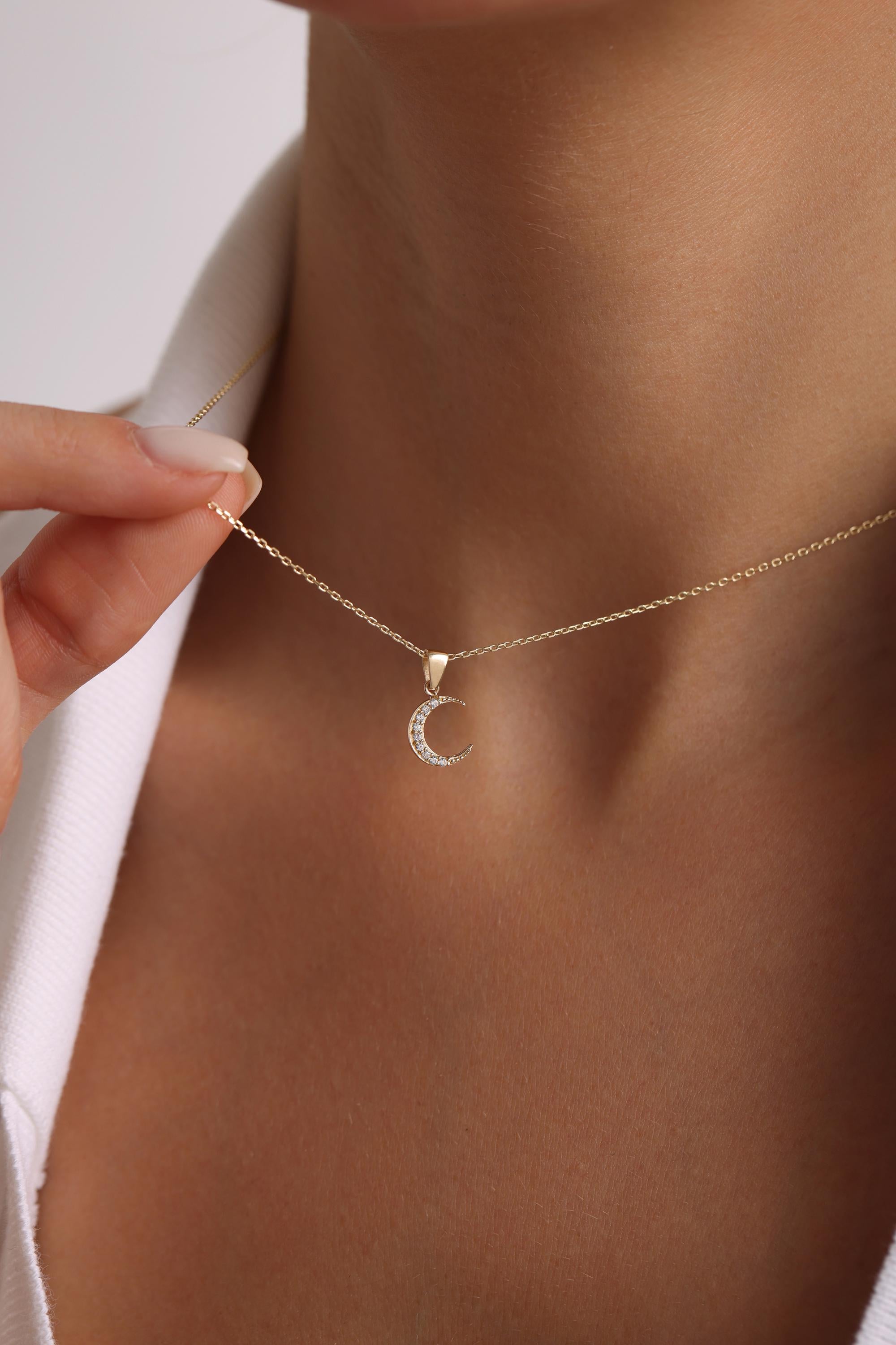 14K Solid Gold Crescent Moon Necklace