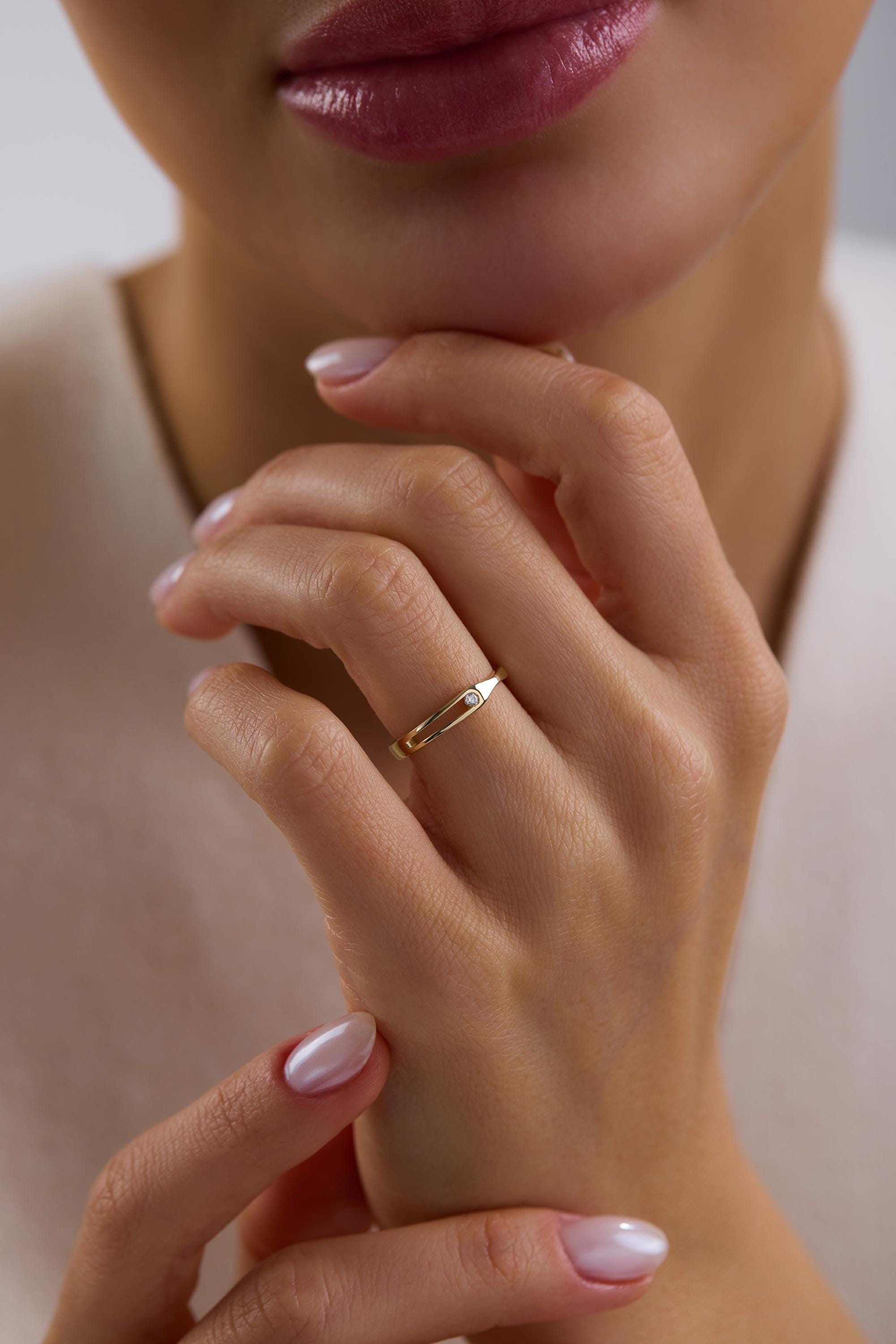14K Gold Open Band Ring Minimal Diamond Ring