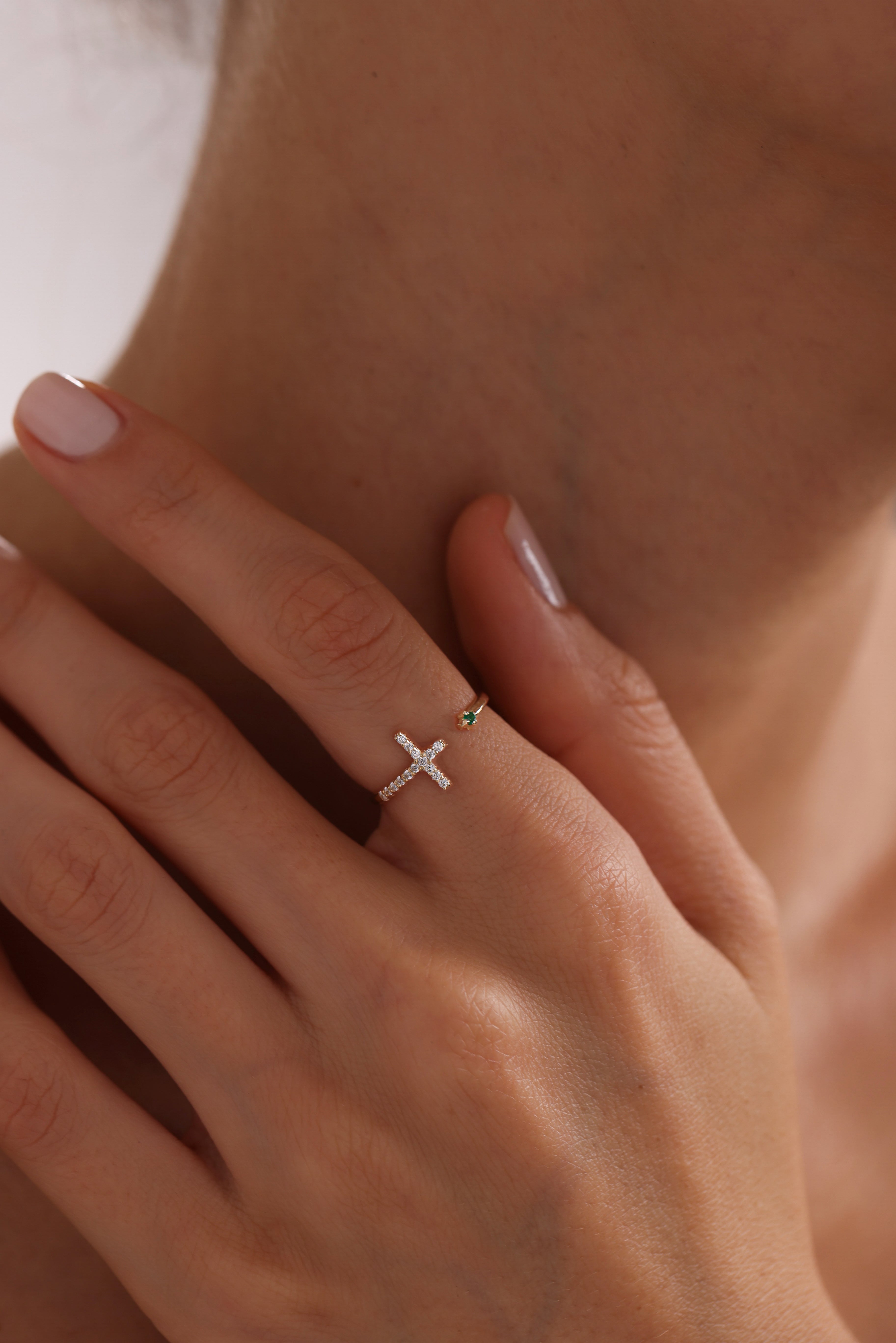 14k Gold Diamond Cross Open Ring with Emerald Accent