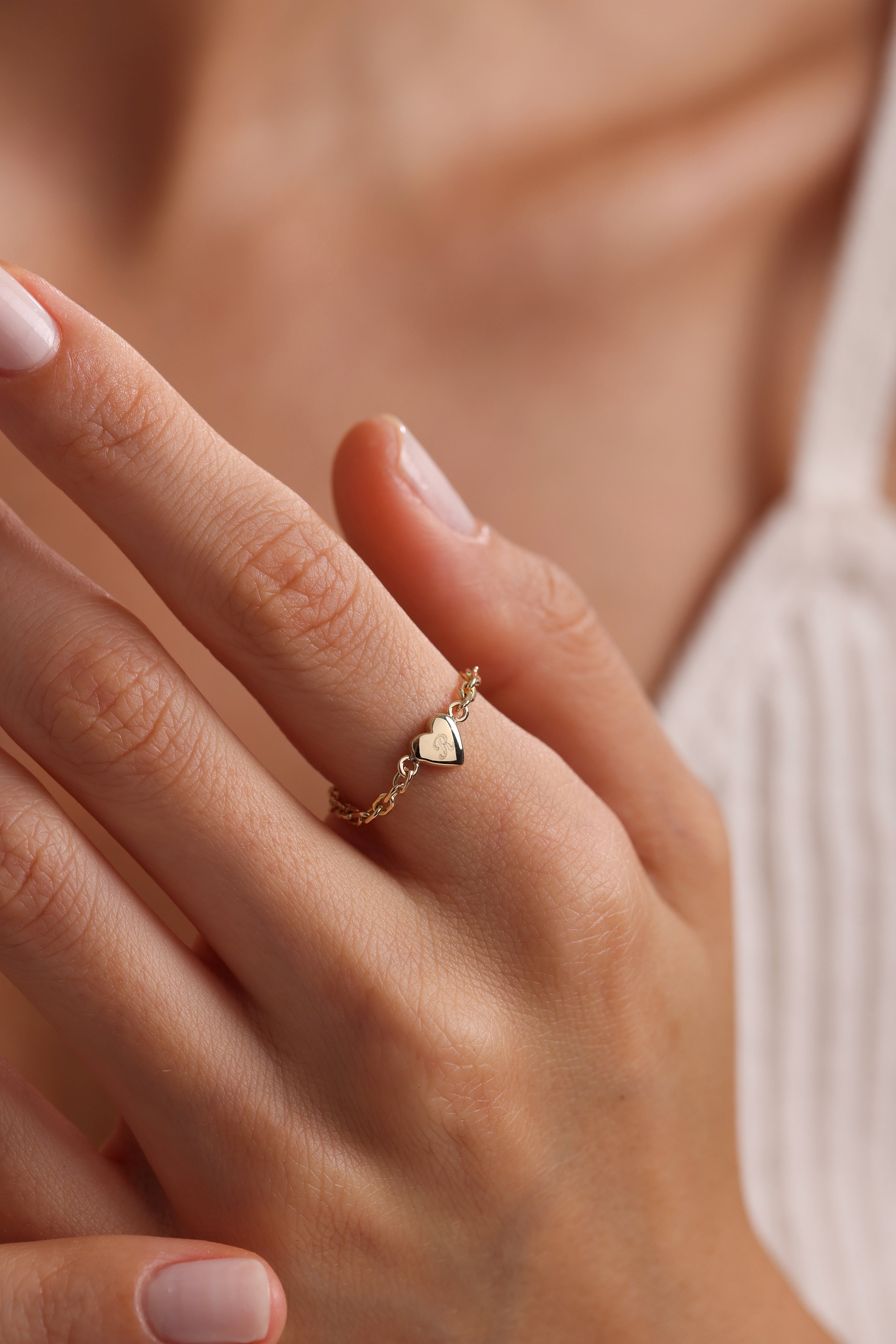 14k Solid Gold Heart Chain Ring