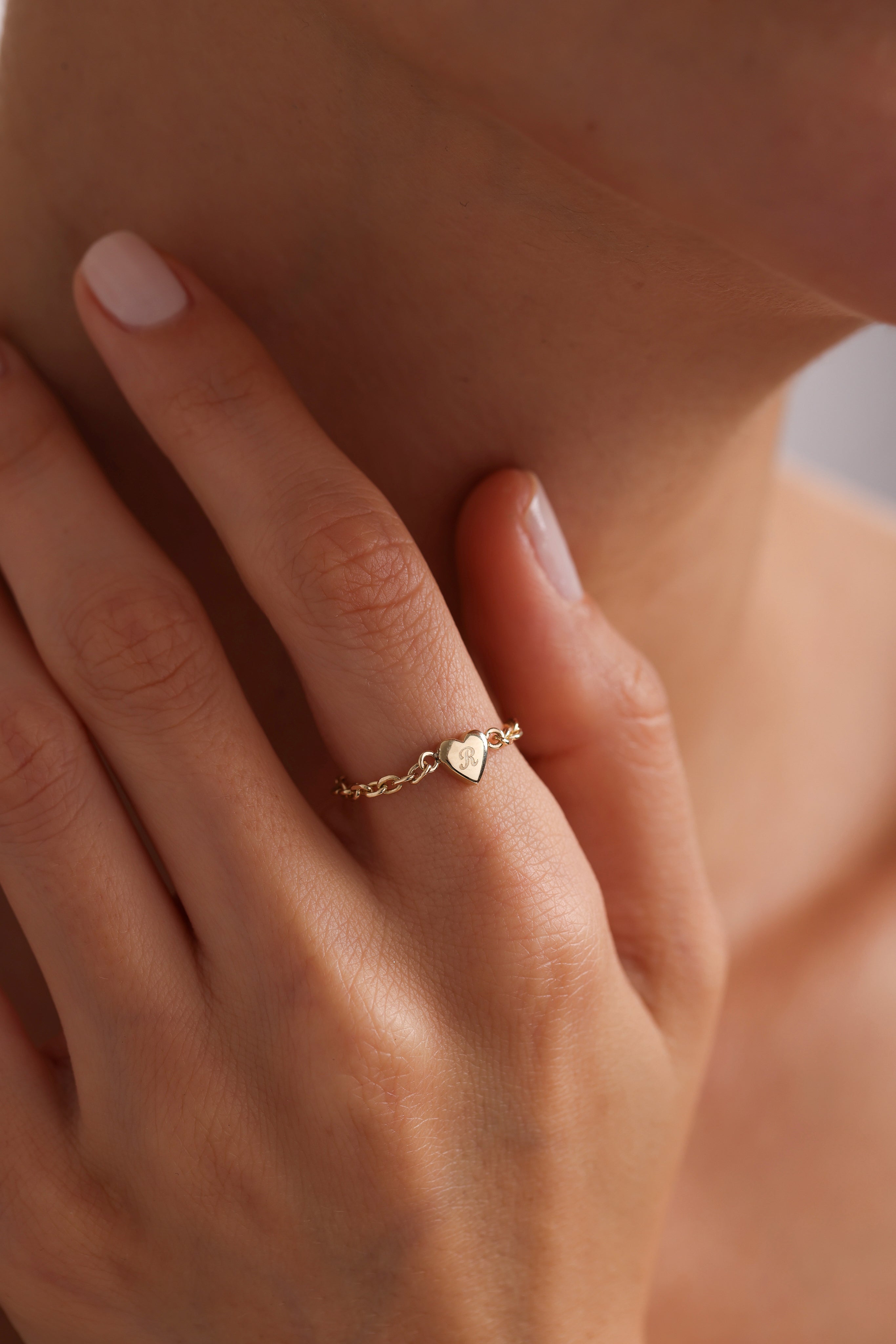 14k Solid Gold Heart Chain Ring
