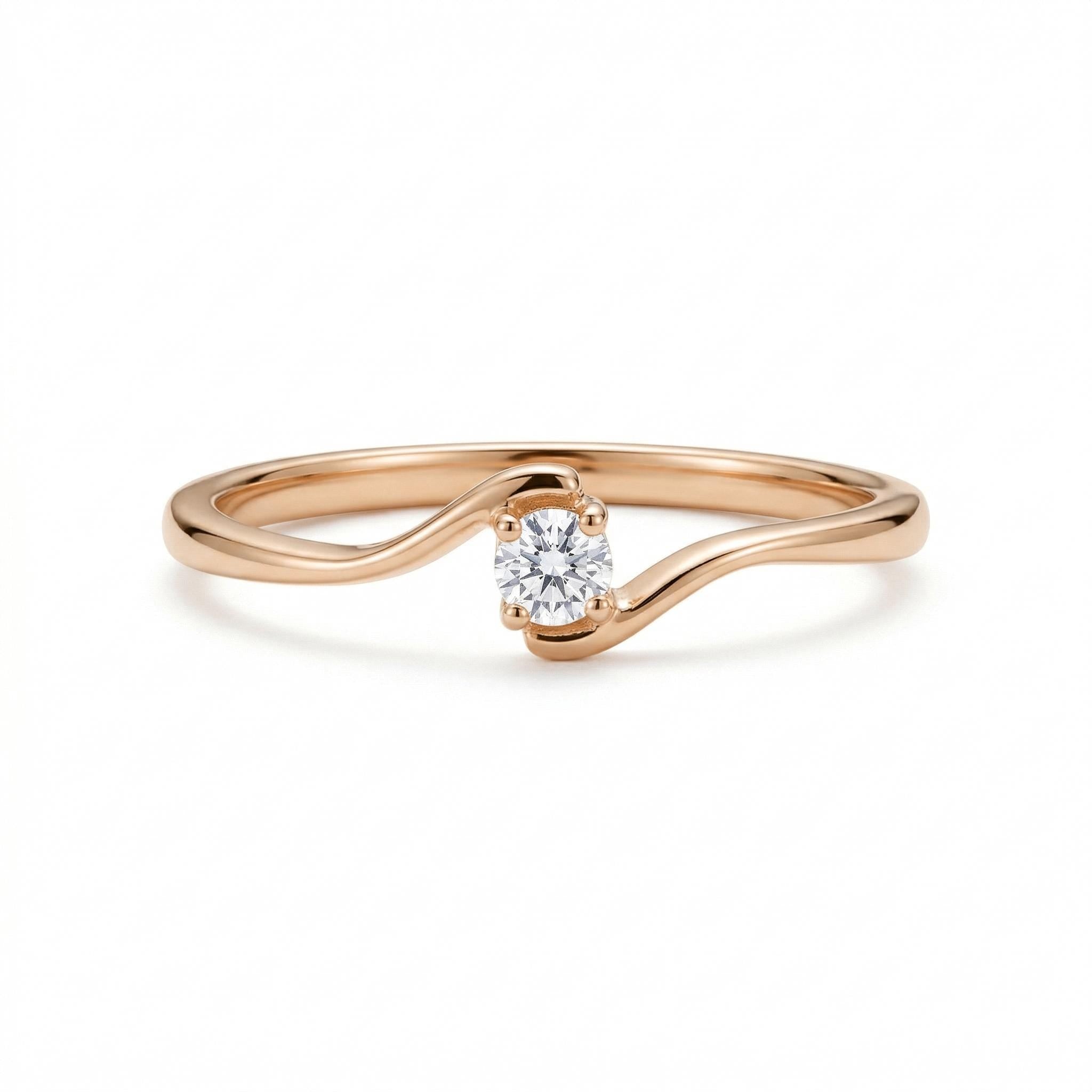 14K Solid Gold Dainty Wave Diamond Ring