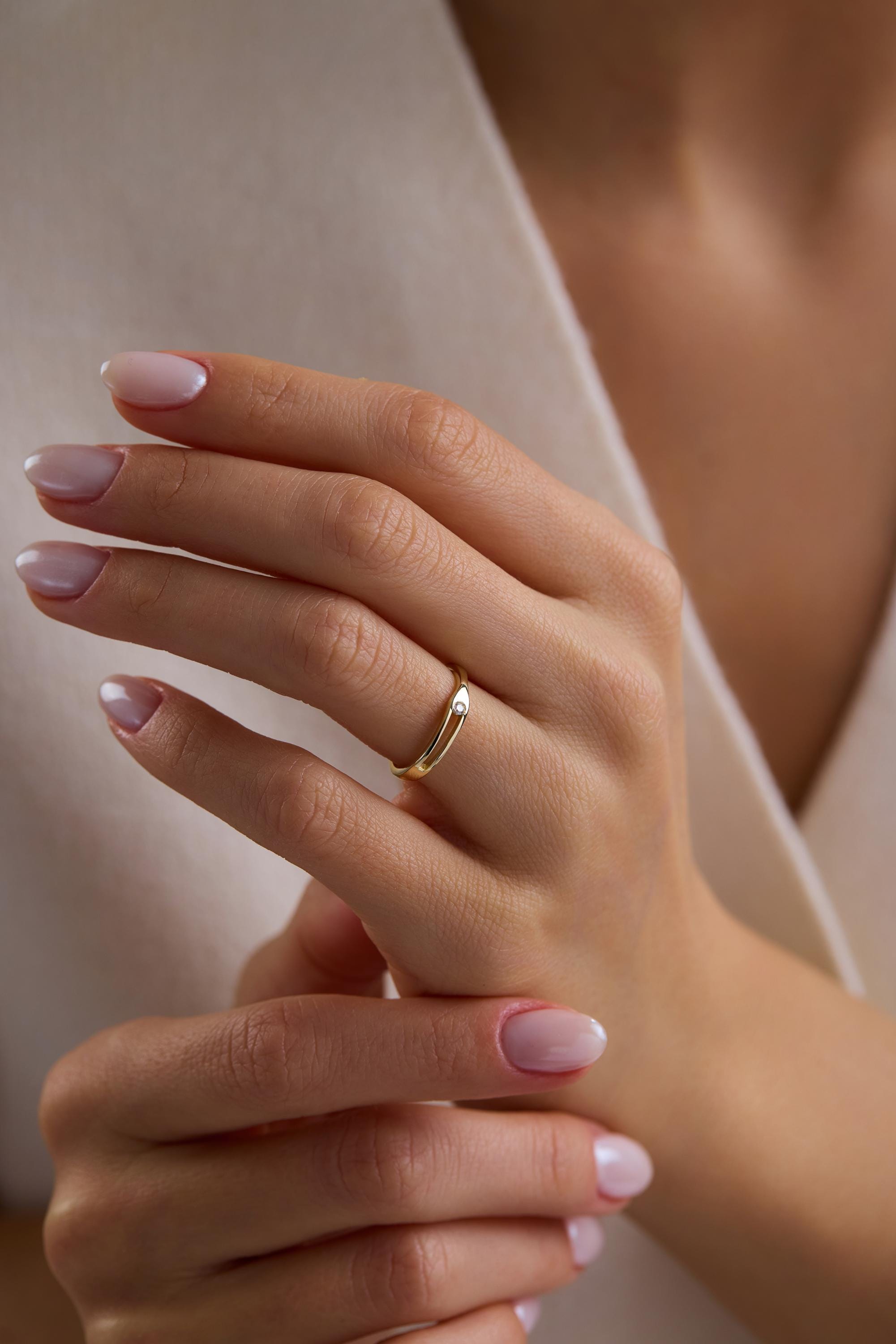 14K Gold Open Band Ring Minimal Diamond Ring