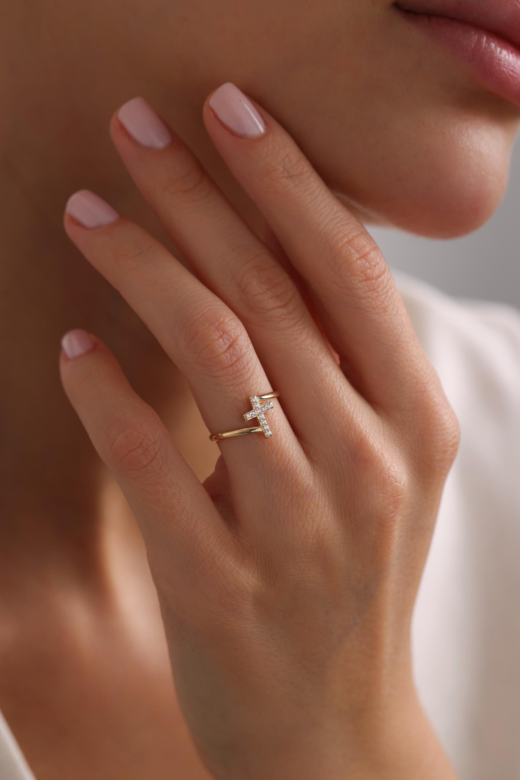 14K Pave Cz Small Cross Ring