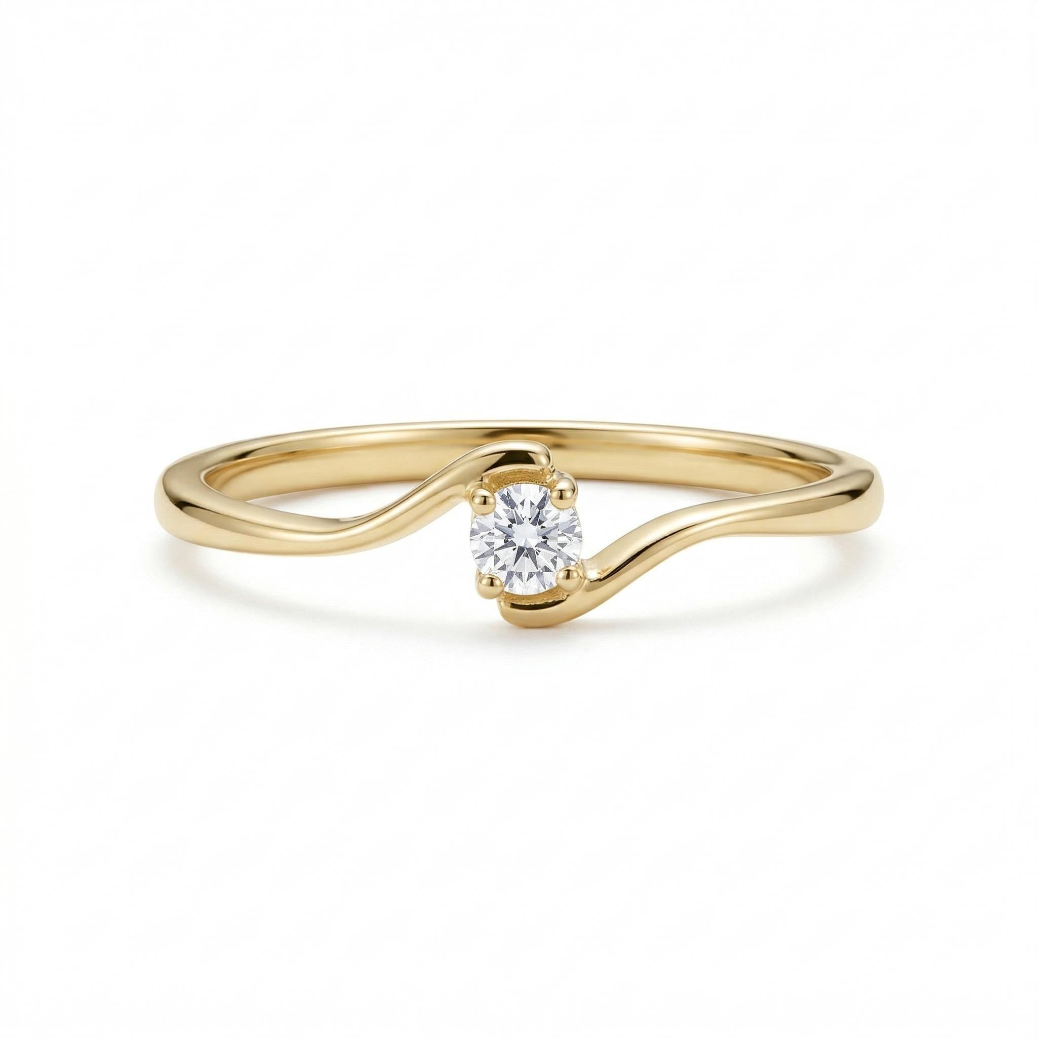 14K Solid Gold Dainty Wave Diamond Ring