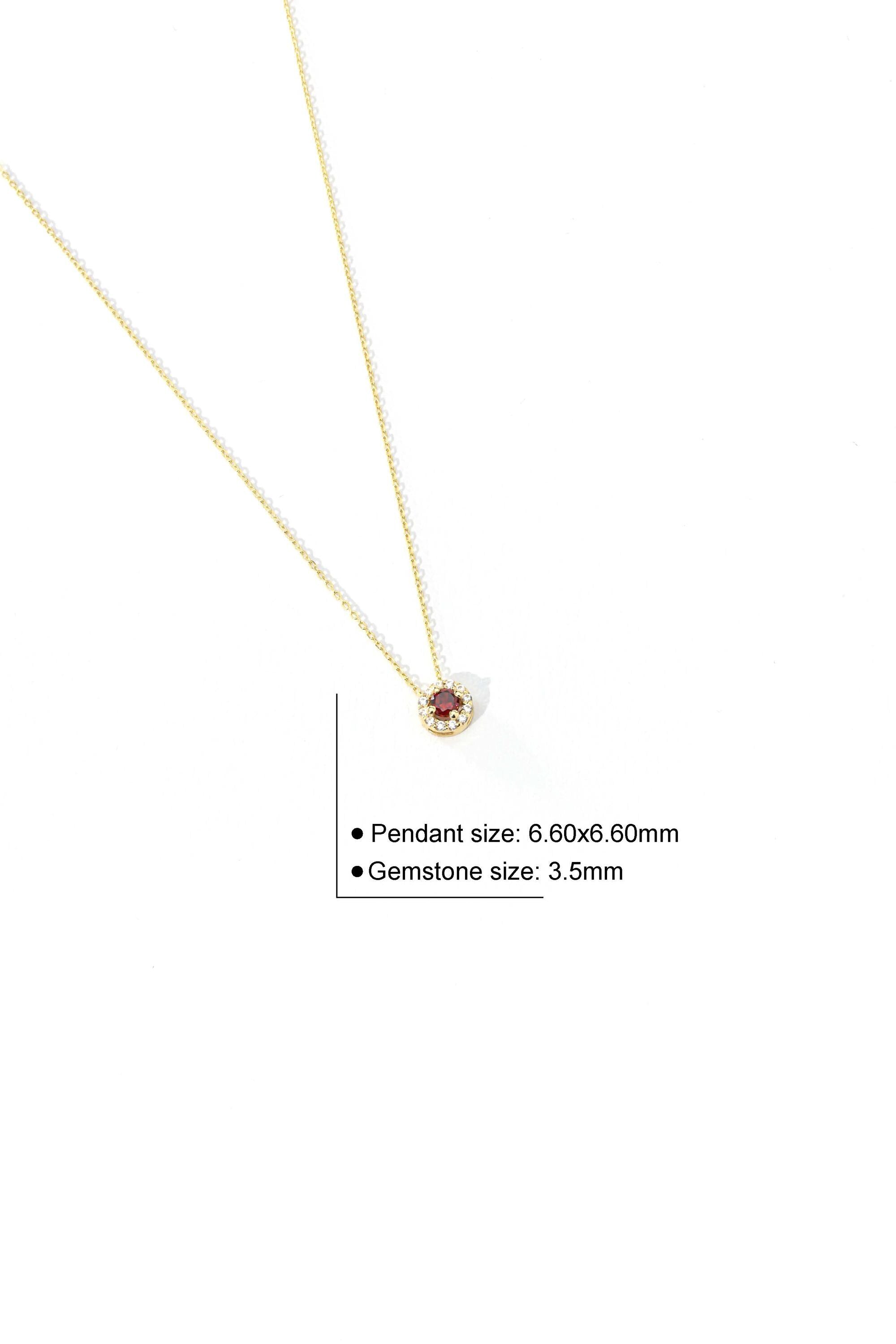 14K Solid Gold Red Gemstone Halo Necklace