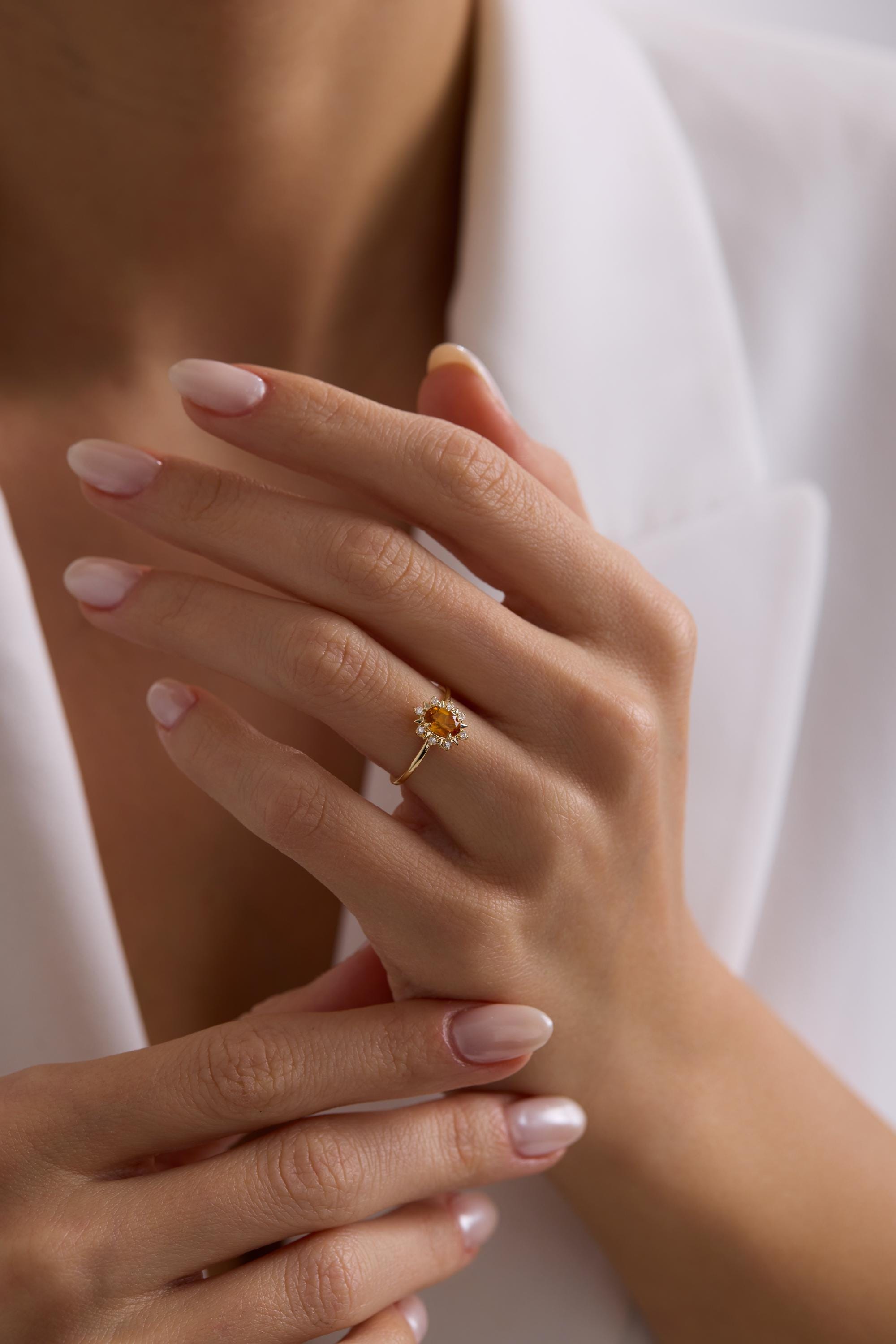 14K Gold Oval Citrine Halo Ring
