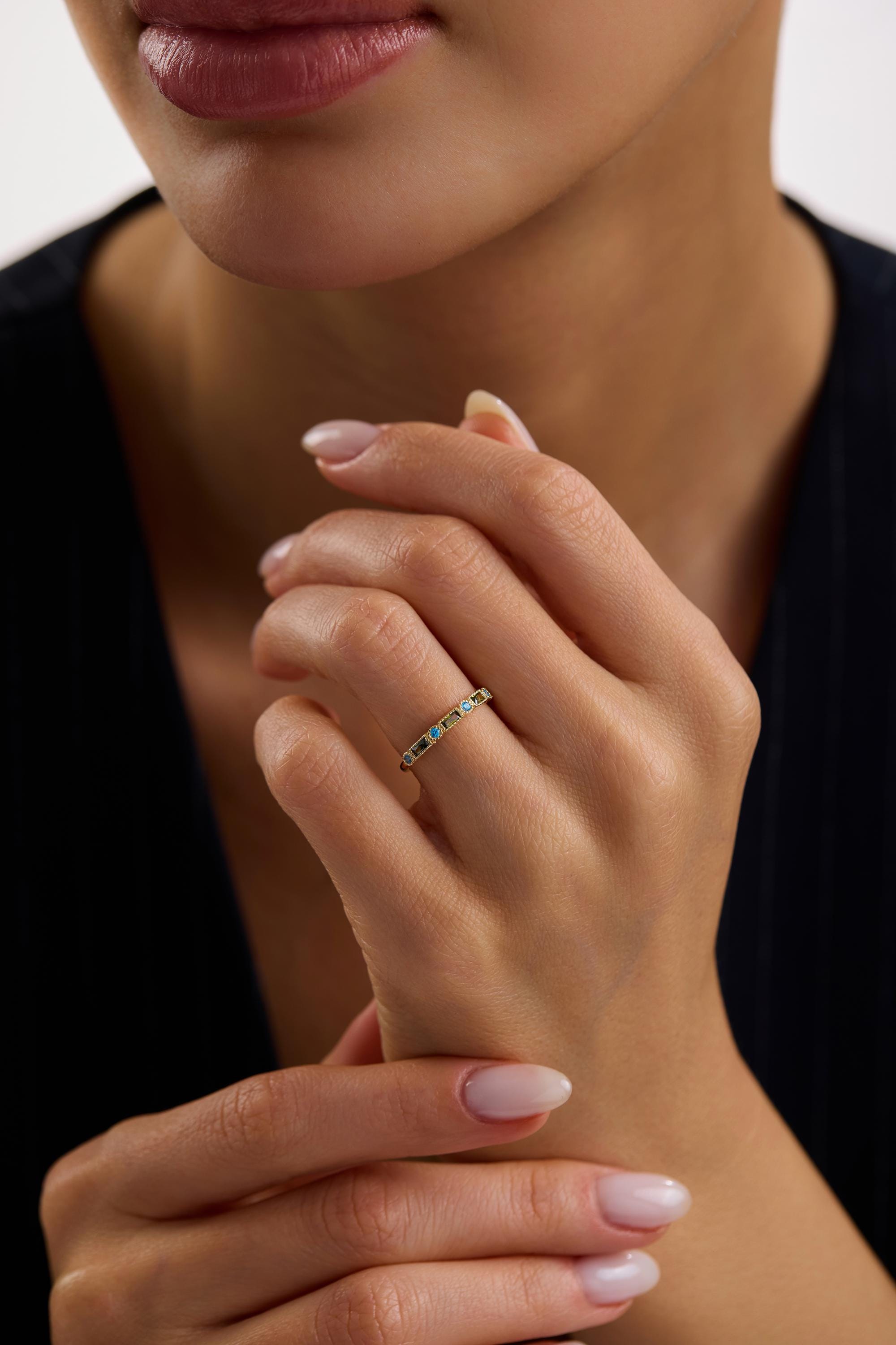 14k Solid Gold Blue Green Gemstone Ring