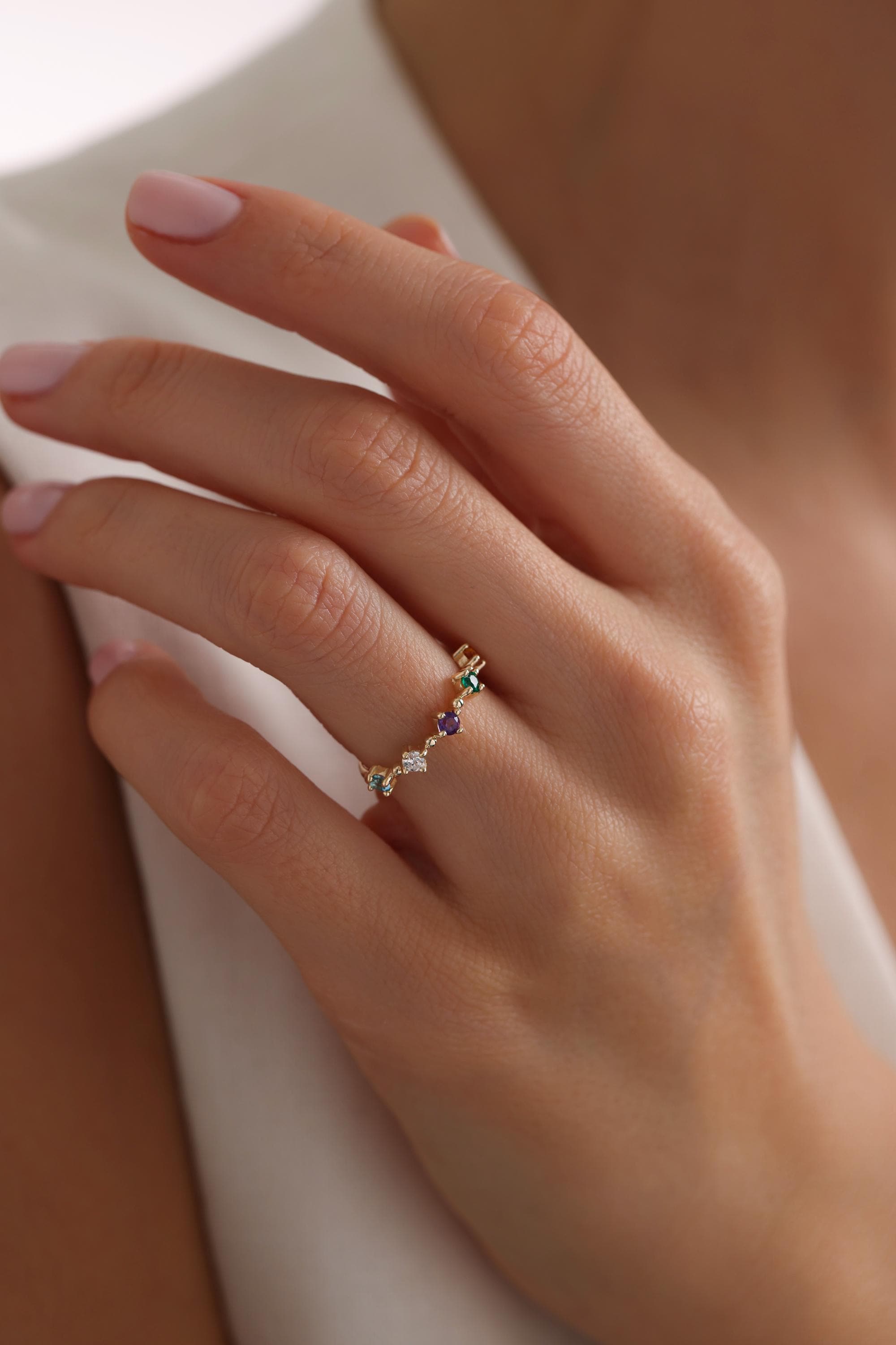 14K Solid Gold Multicolor Gemstone Band Ring