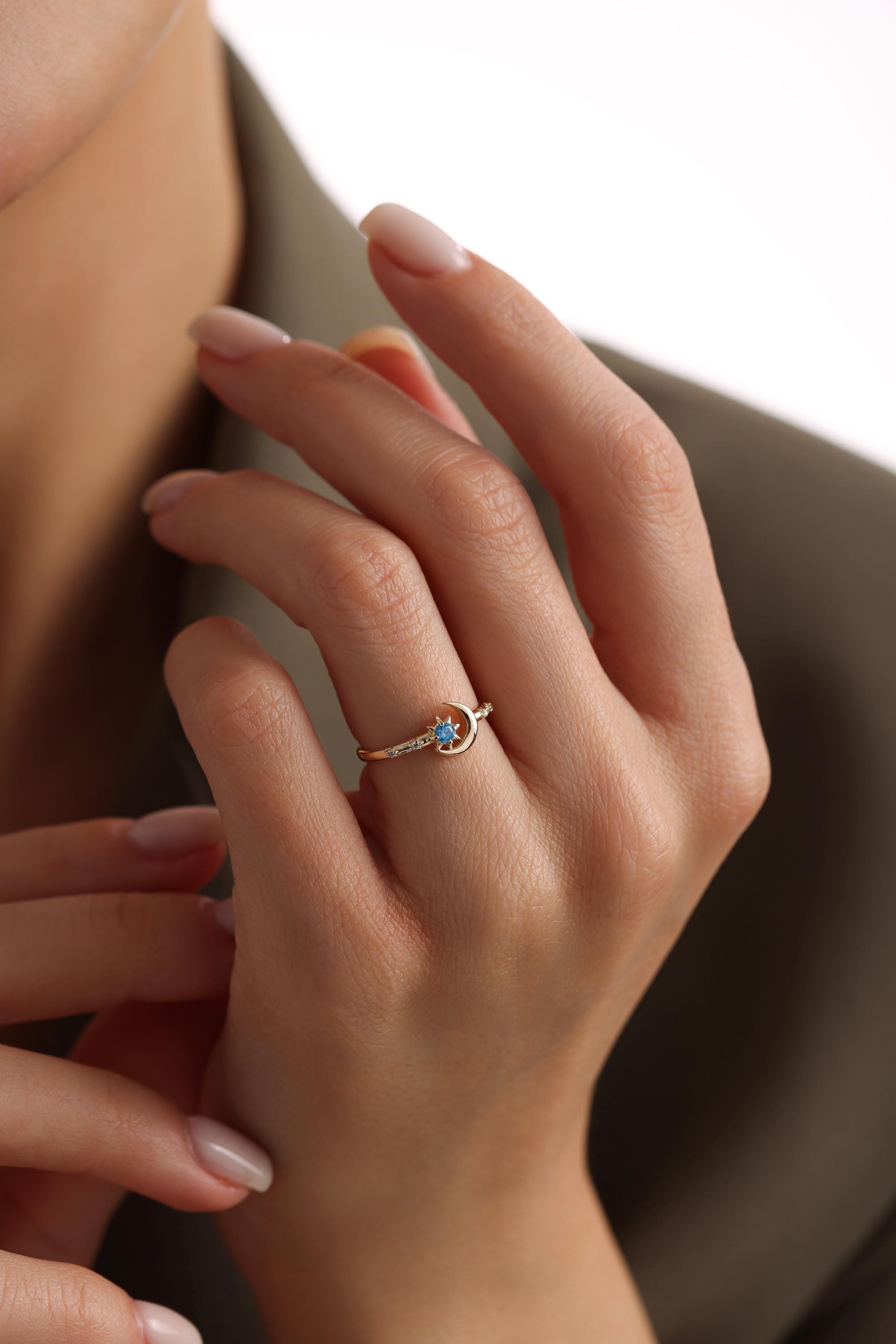14K Gold Moon Star Ring