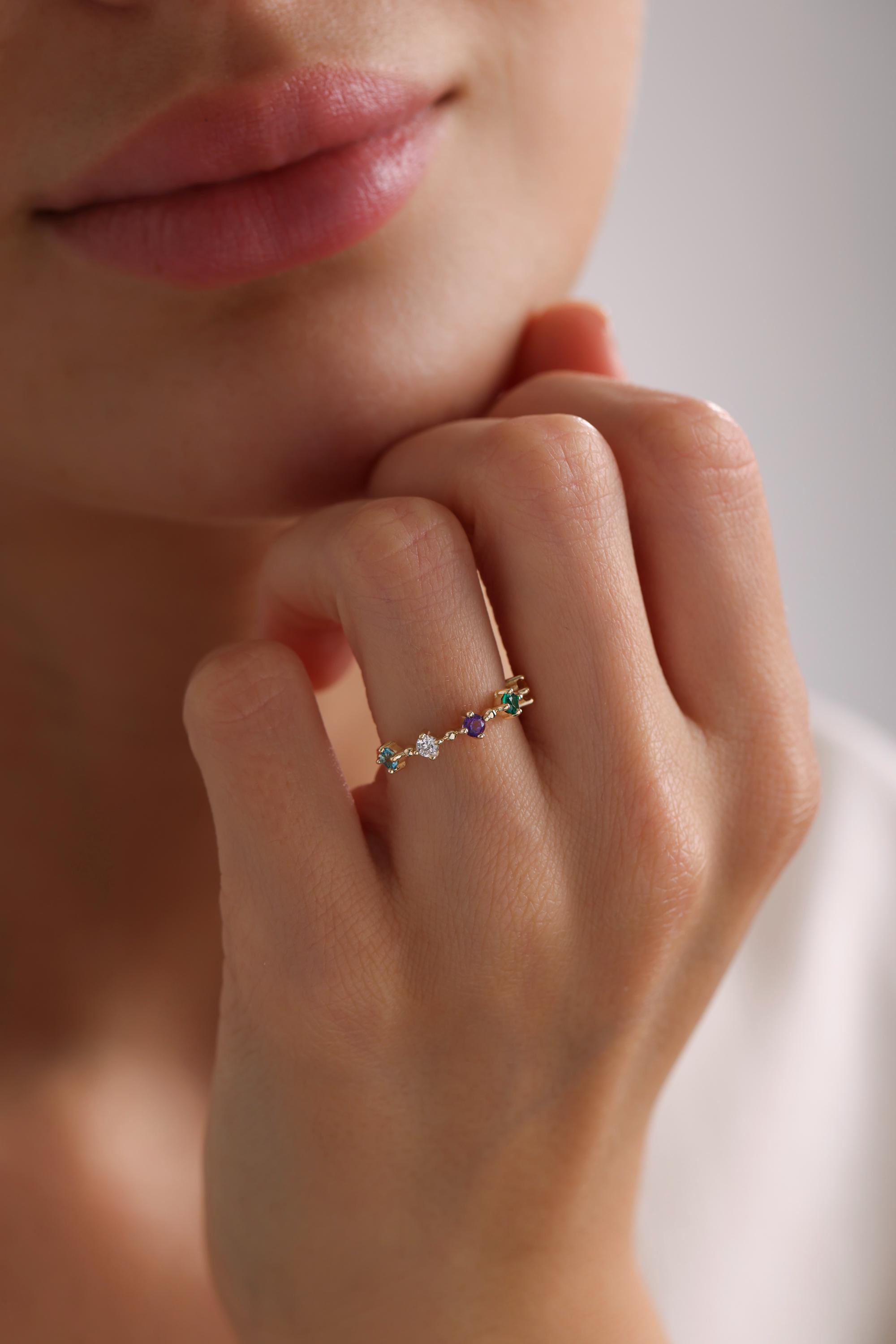 14K Solid Gold Multicolor Gemstone Band Ring