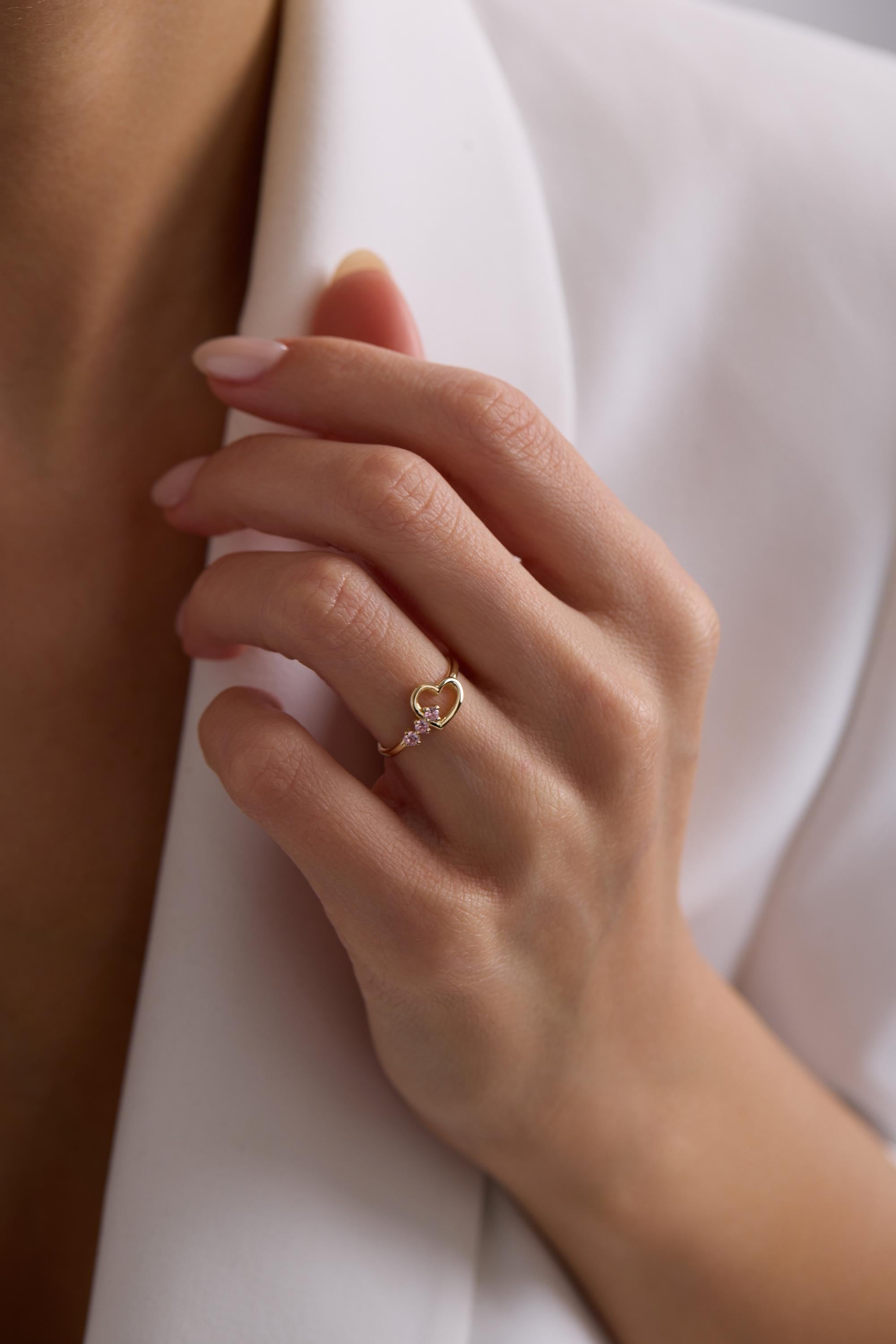 14K Gold Pink Heart Three Stone Ring