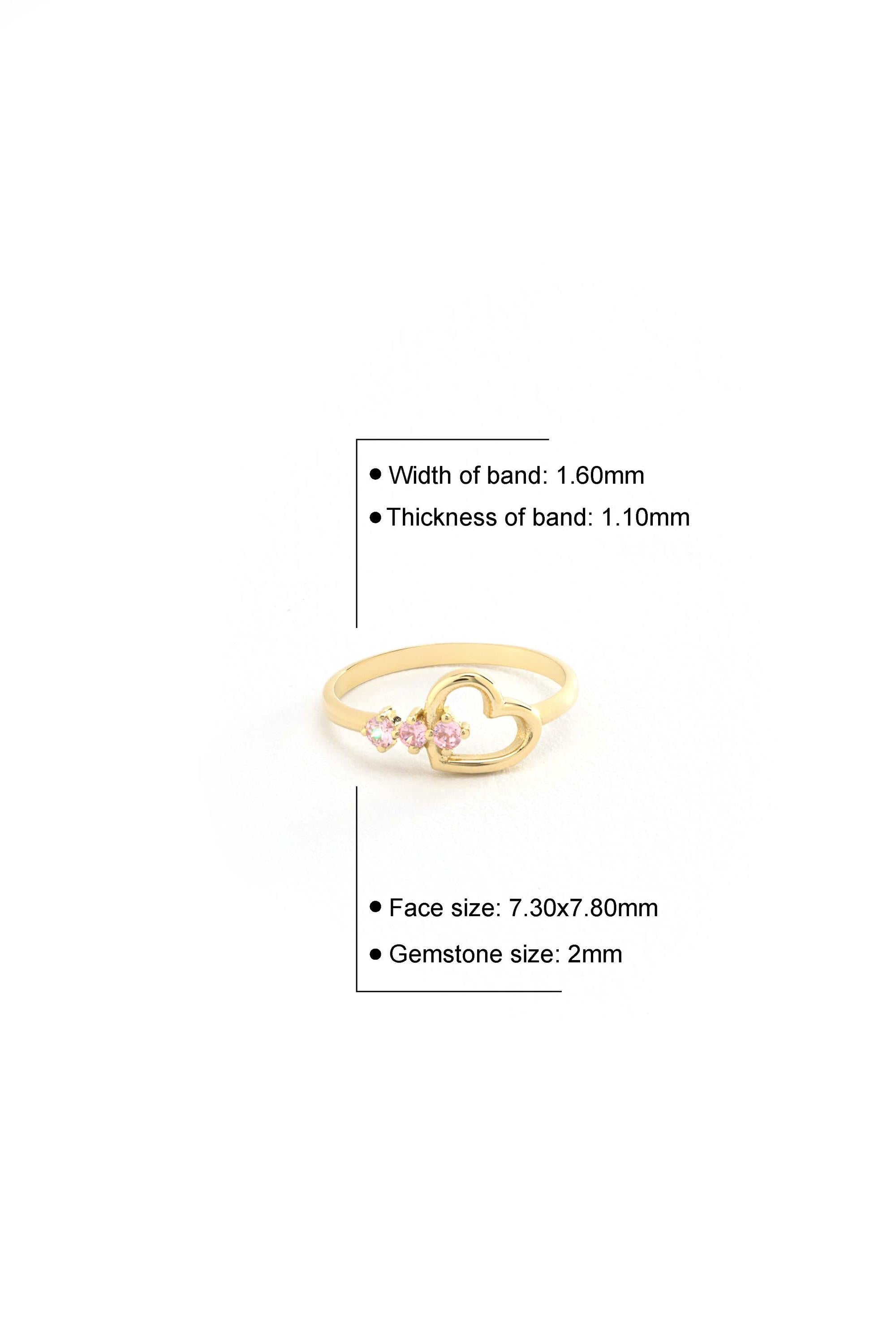 14K Gold Pink Heart Three Stone Ring