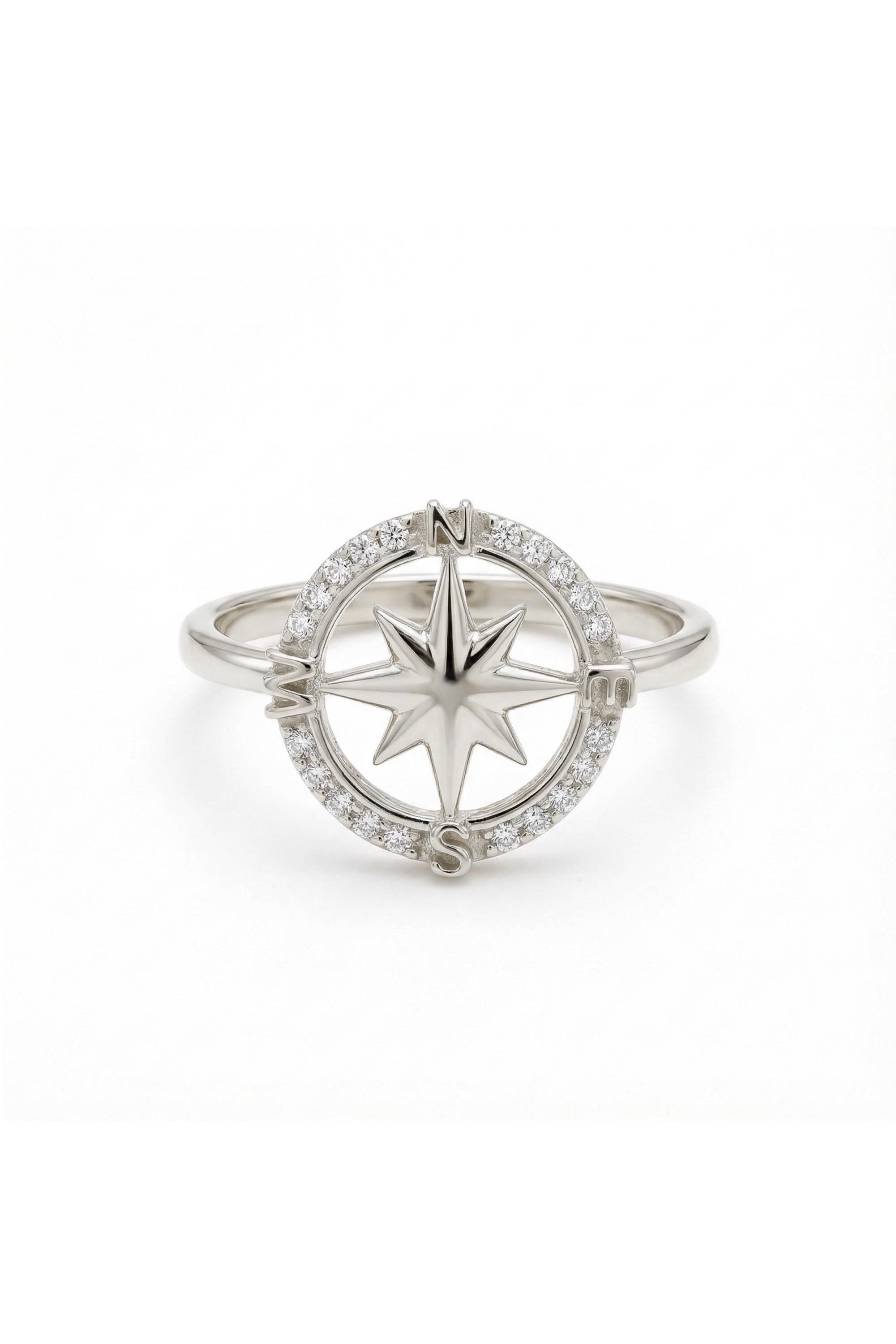 14K Gold Compass Starburst Pavé Halo Ring