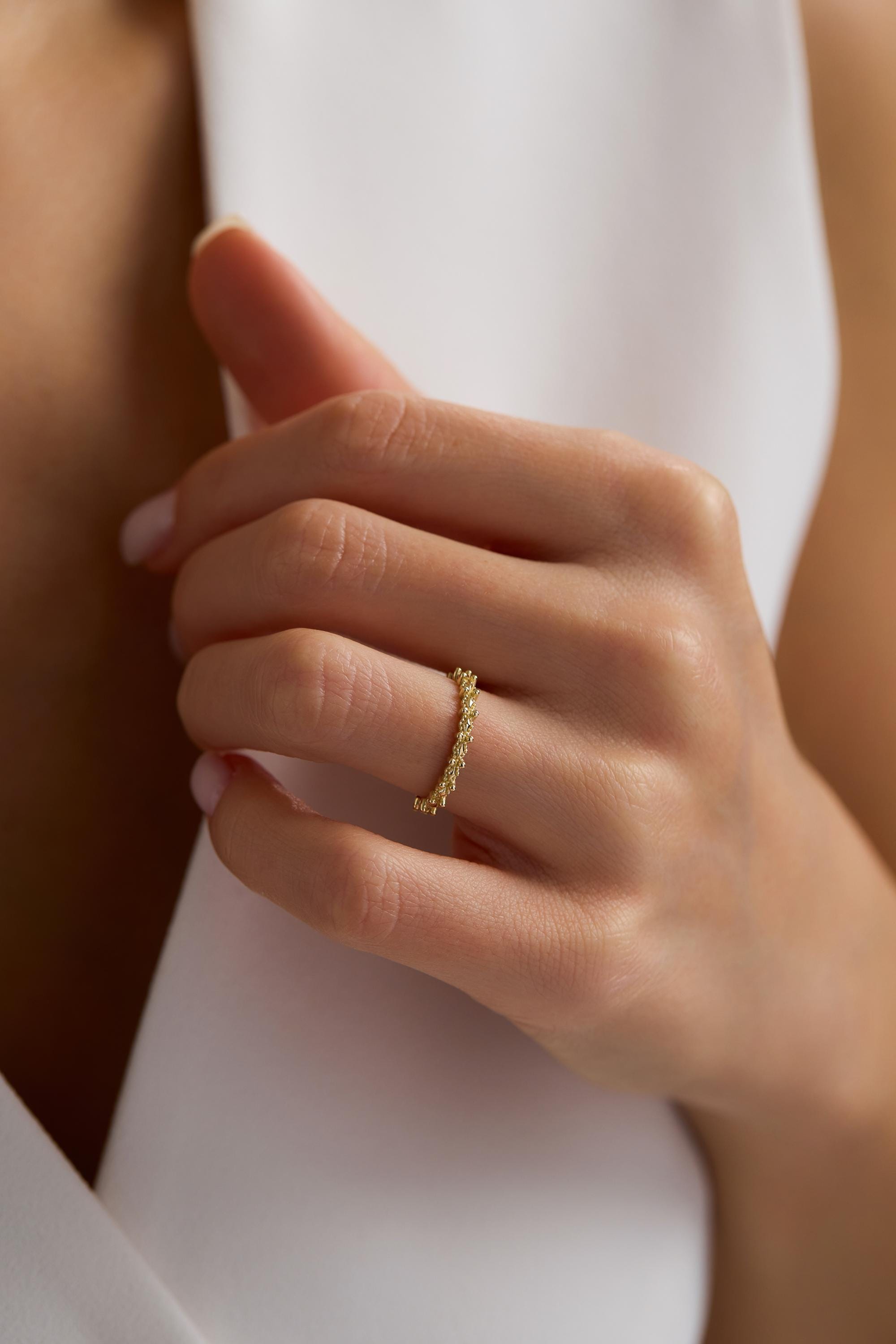 14k Solid Gold Textured Wedding Band, Minimalist Stacking Ring