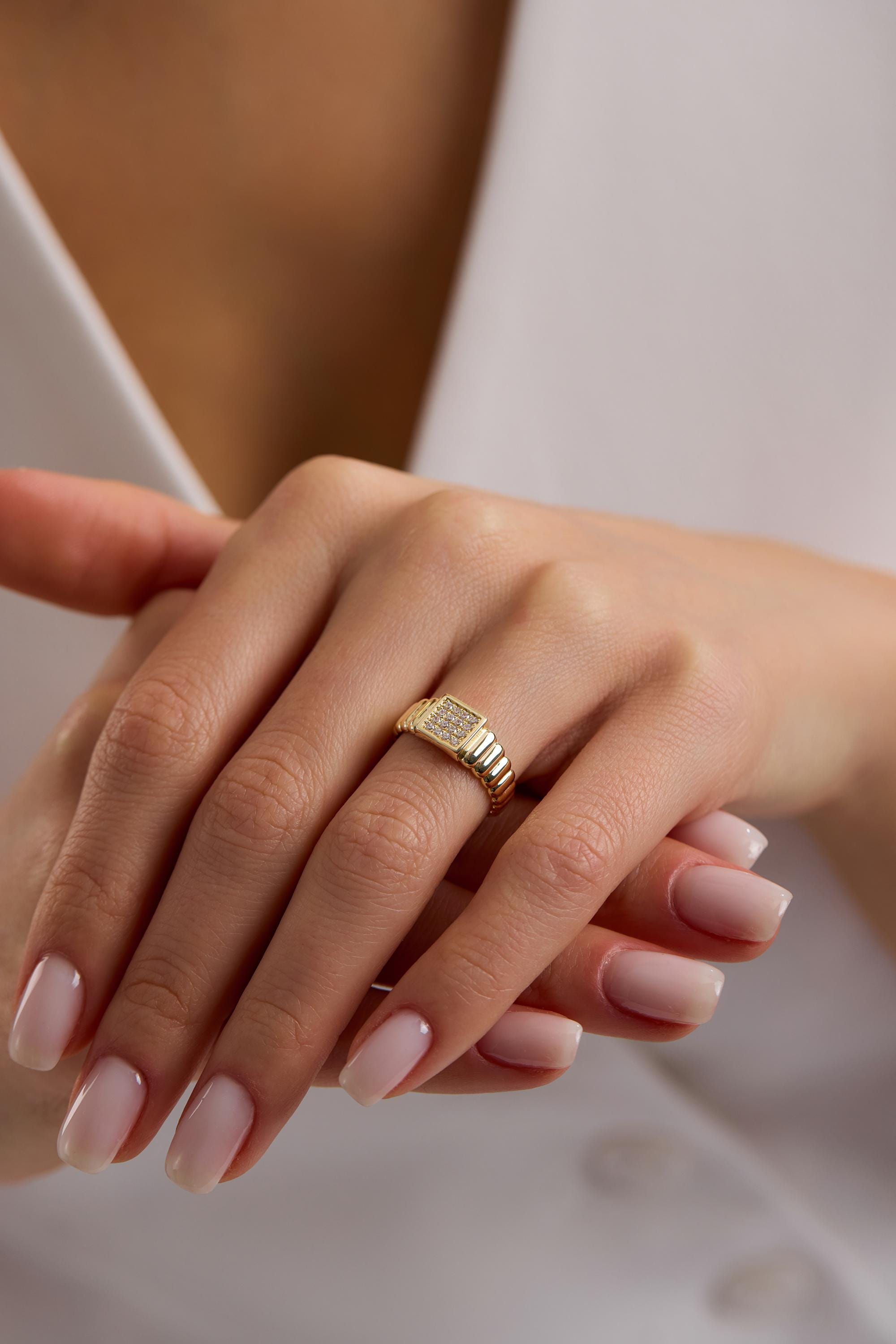 14K Gold Fluted Square Pavé Signet Ring