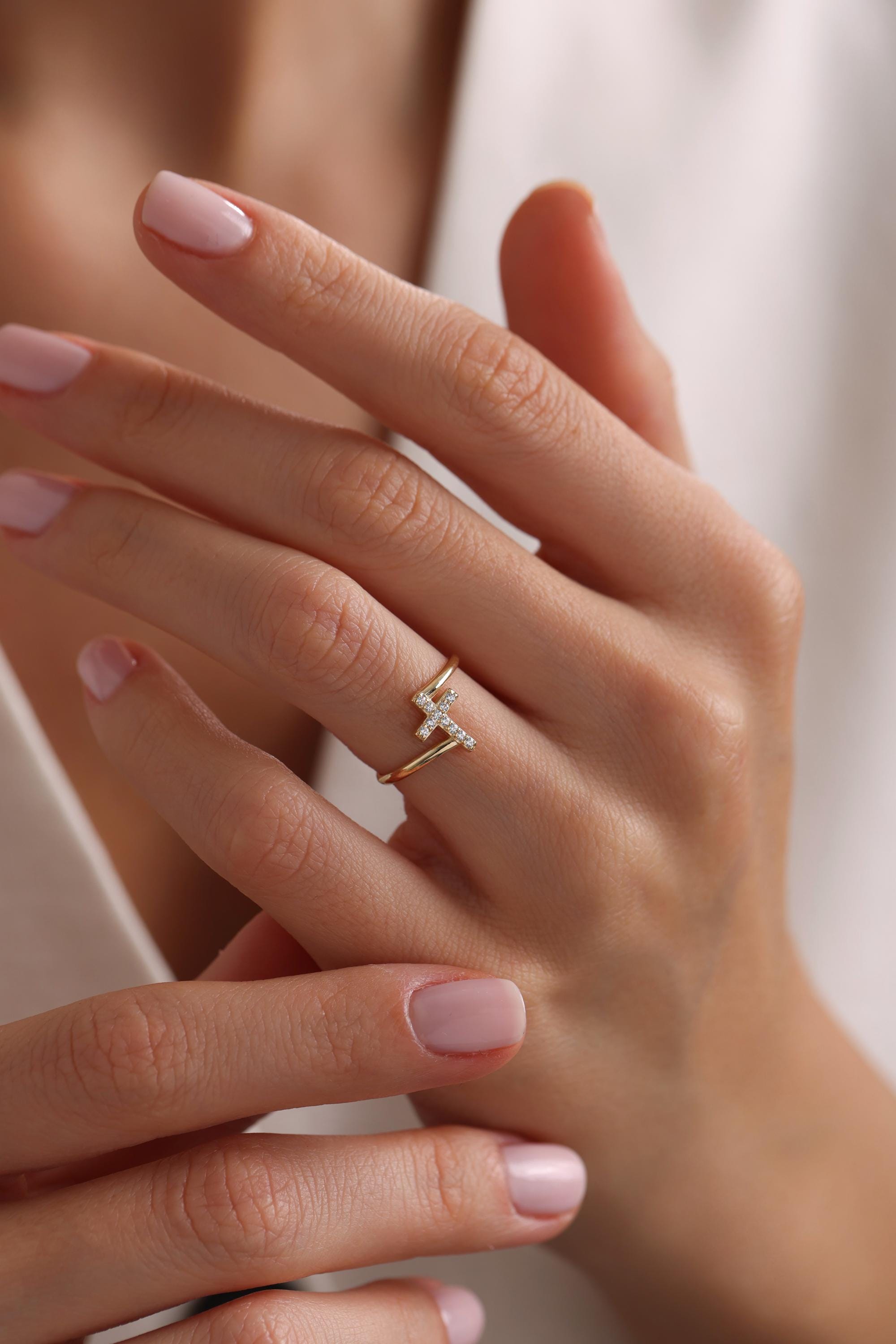 14K Pave Cz Small Cross Ring
