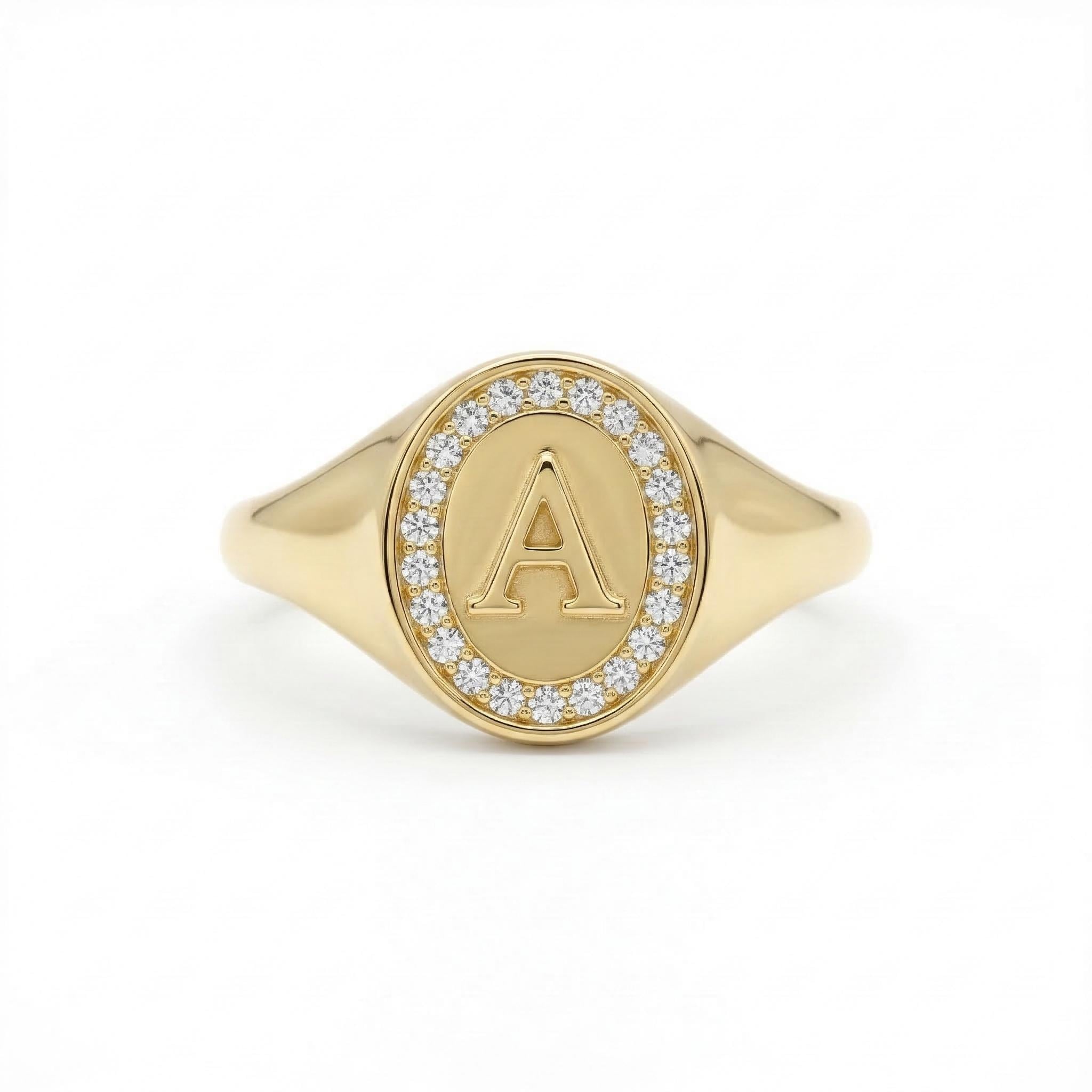 14K Gold Initial Diamond Signet Ring Minimal Letter Ring