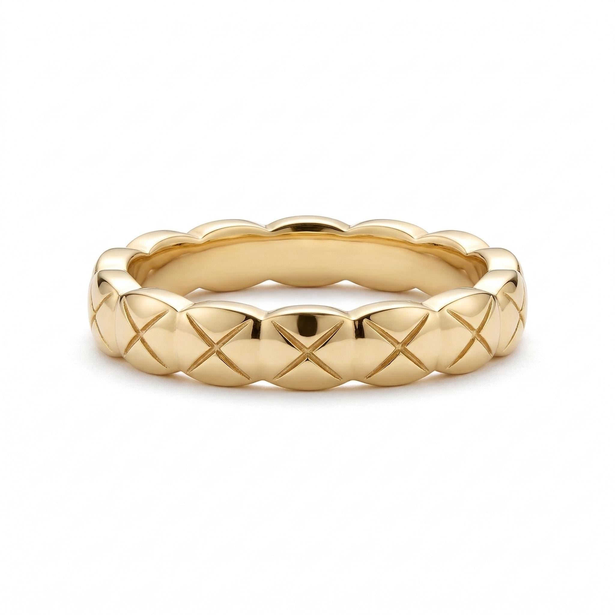 14K Gold Quilted Band Ring Textured Pattern Stacking Ring