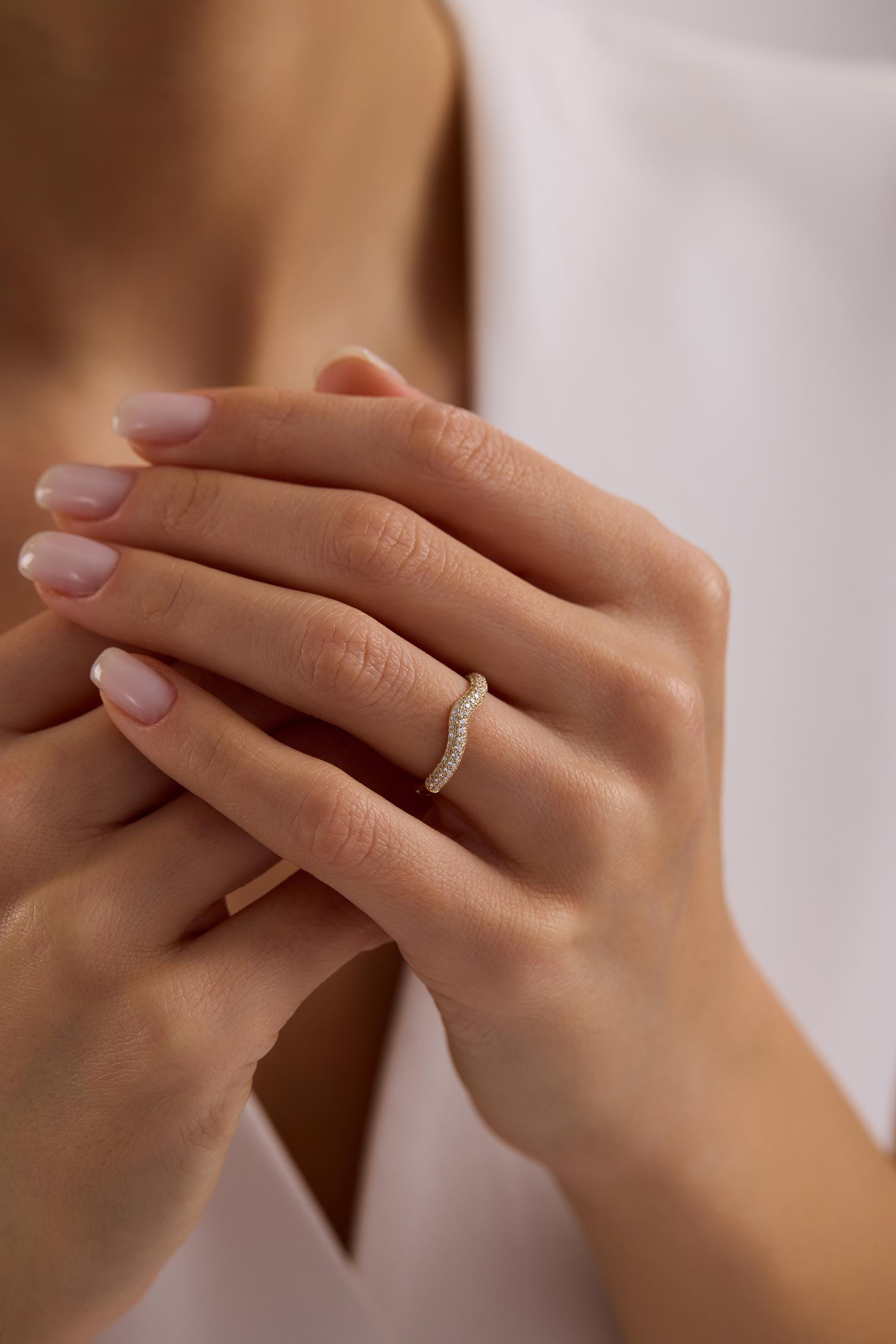 14K Solid Gold Wave Band Ring with Diamond Cut Stones