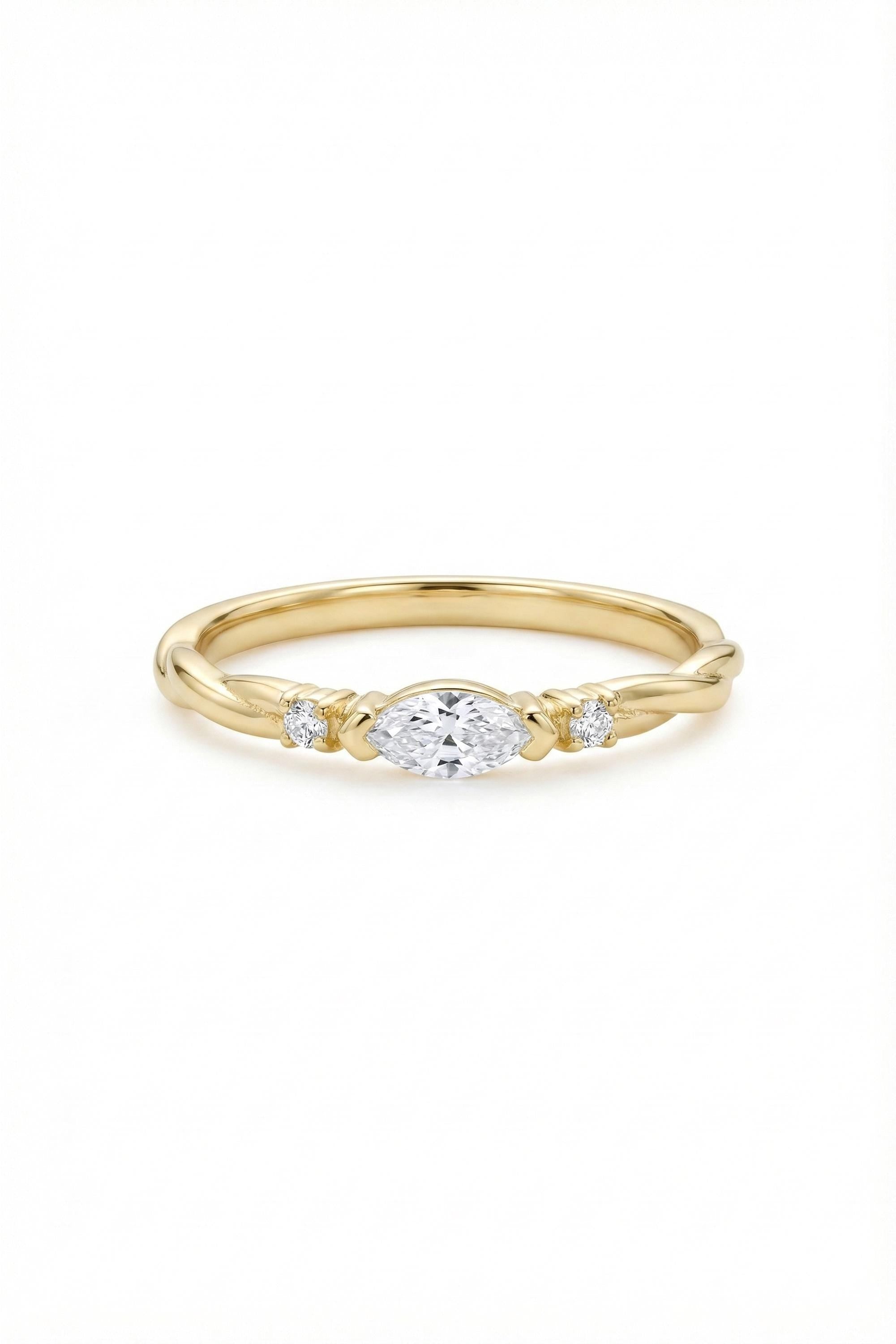 14K Gold East West Marquise Twisted Band Ring