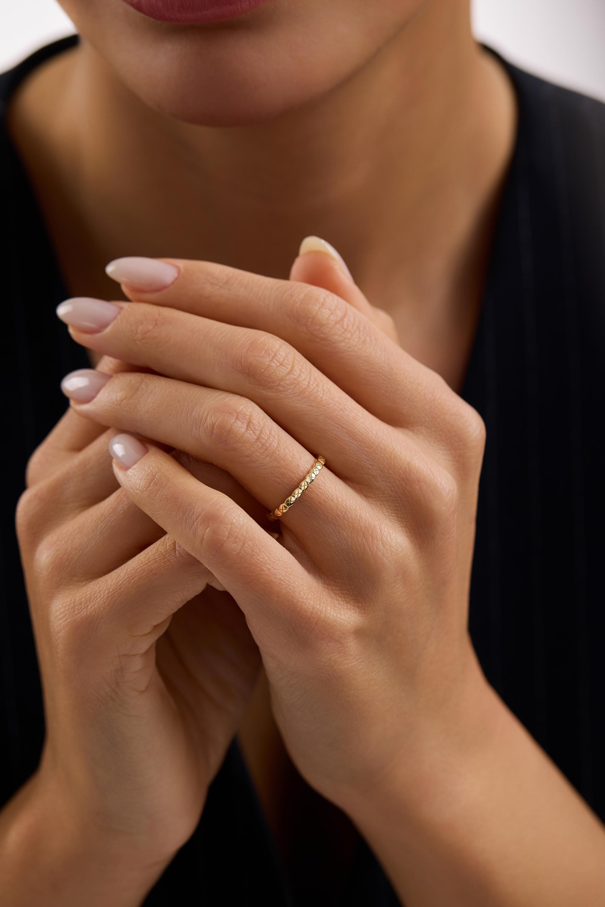 14K Gold Textured Band Ring Minimal Pattern Stacking Ring