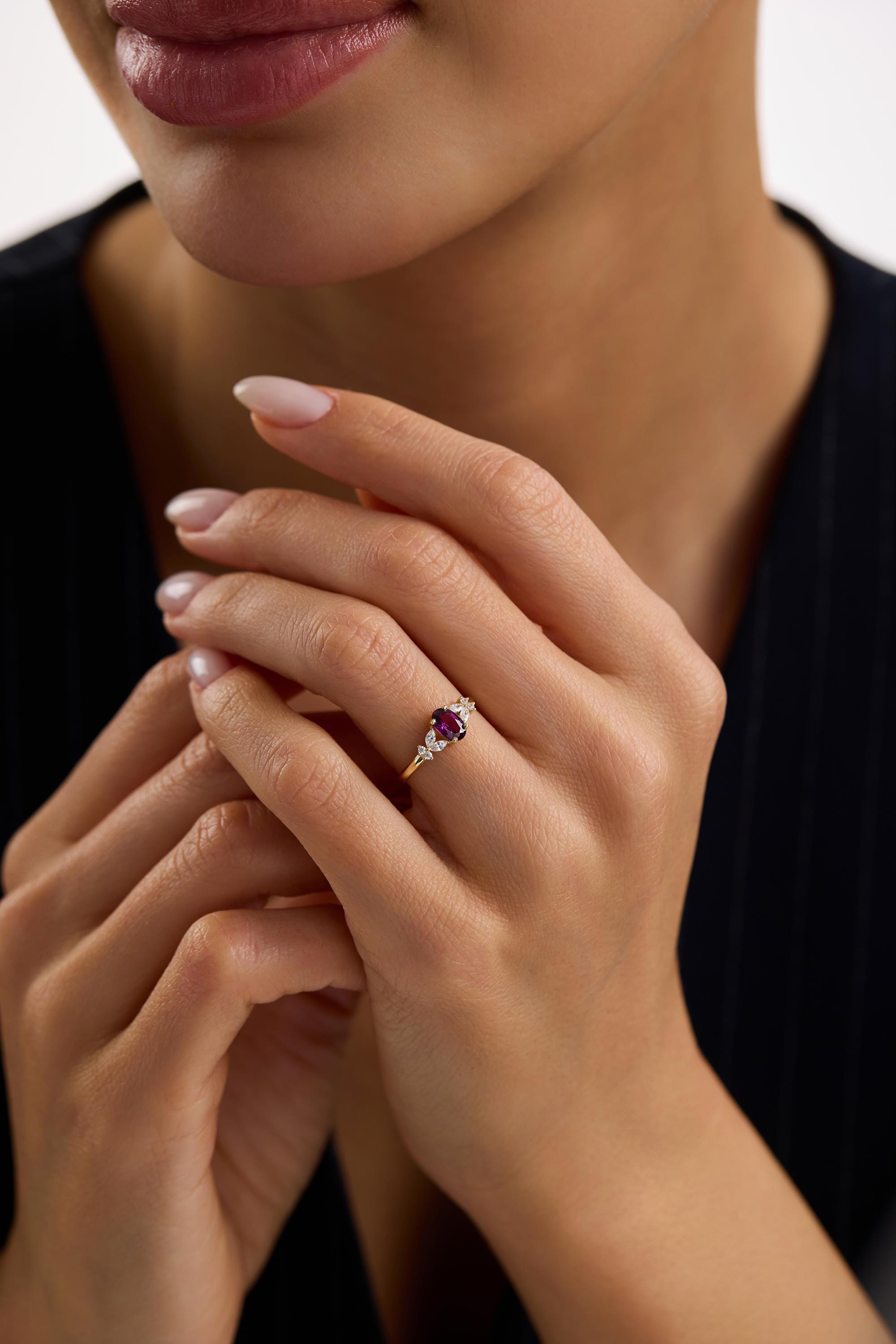 14K Gold Oval Rhodolite Ring Marquise Accent Halo Style Ring