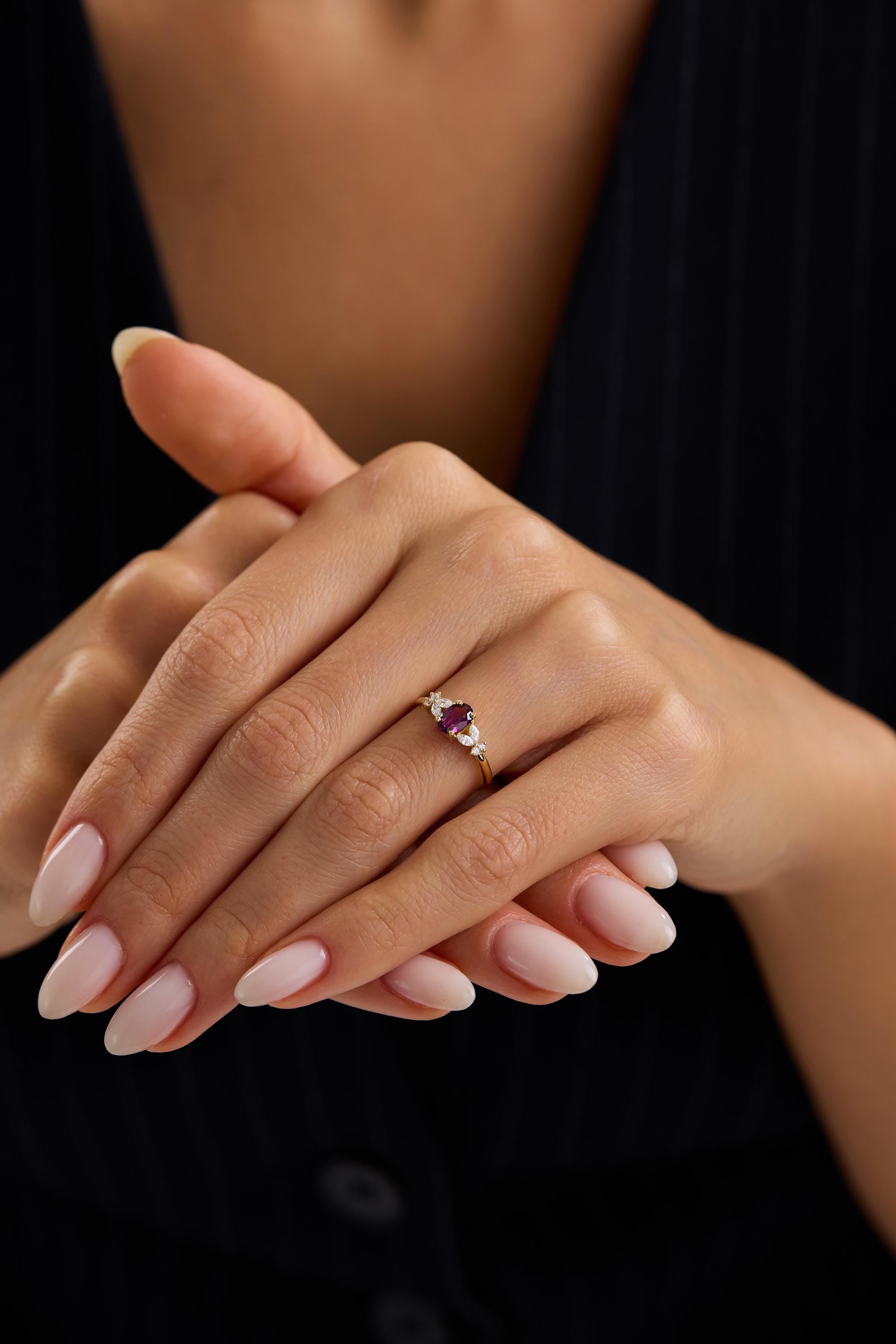 14K Gold Oval Rhodolite Ring Marquise Accent Halo Style Ring