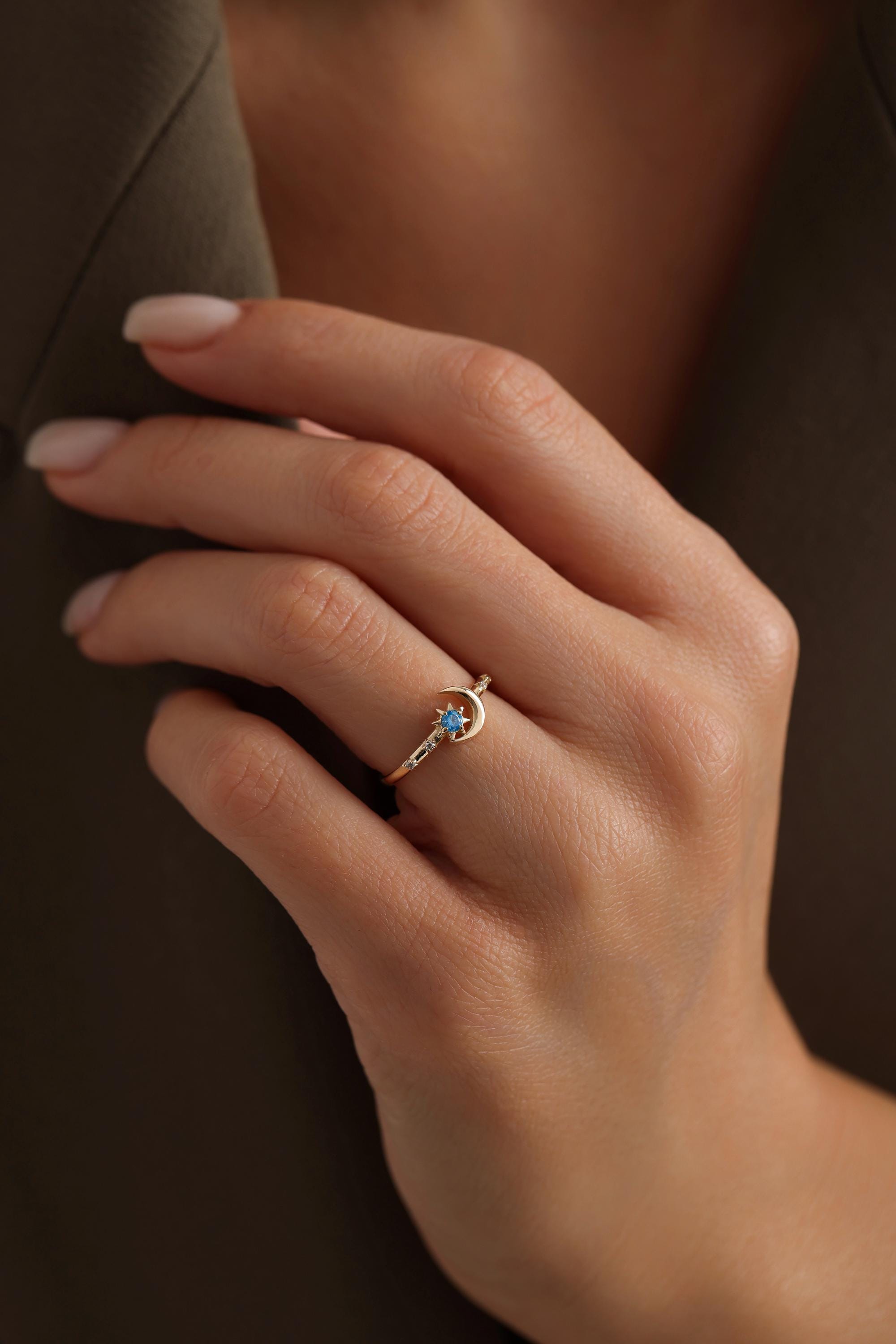 14K Gold Moon Star Ring