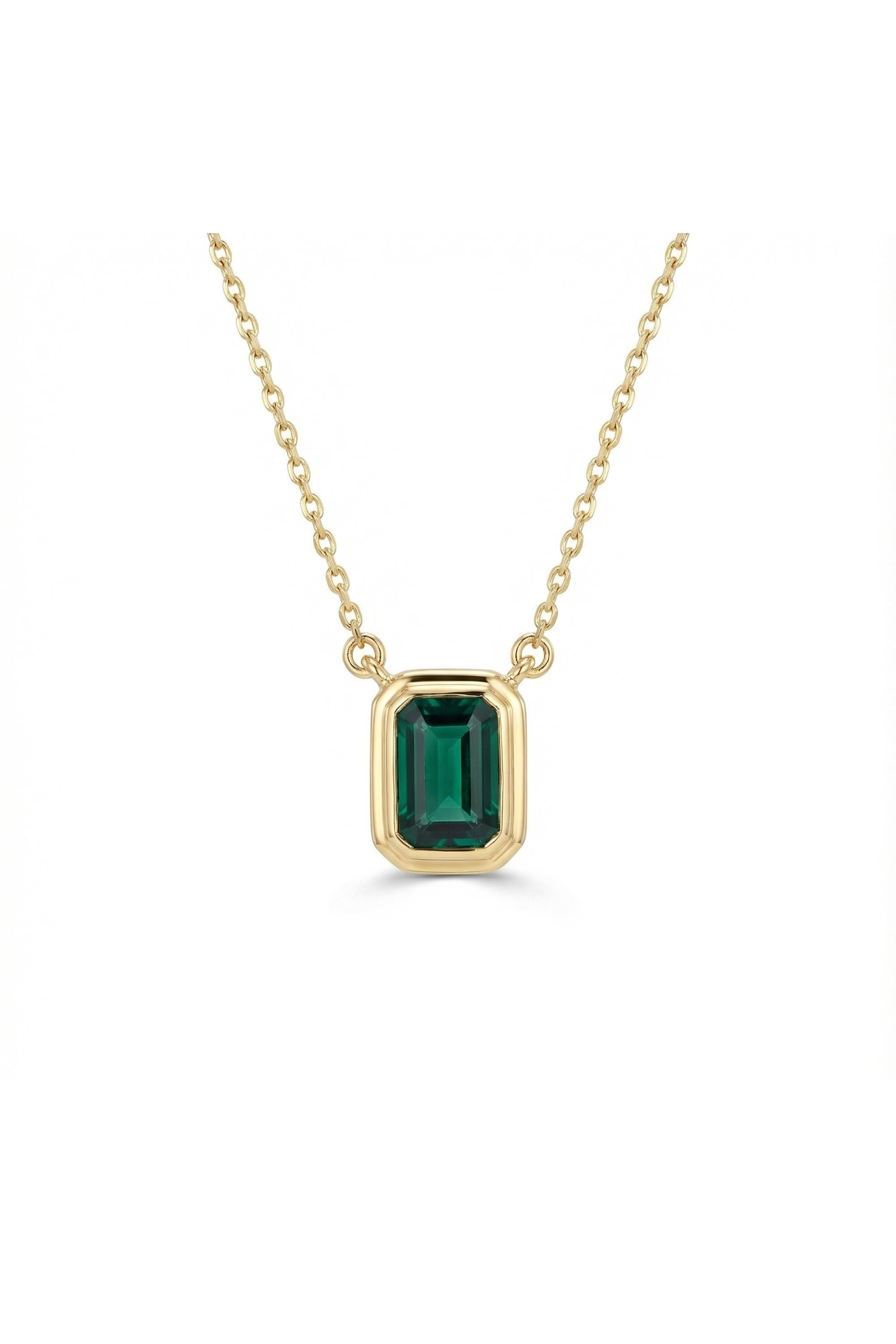 14K Gold Emerald Cut Green Bezel Solitaire Necklace