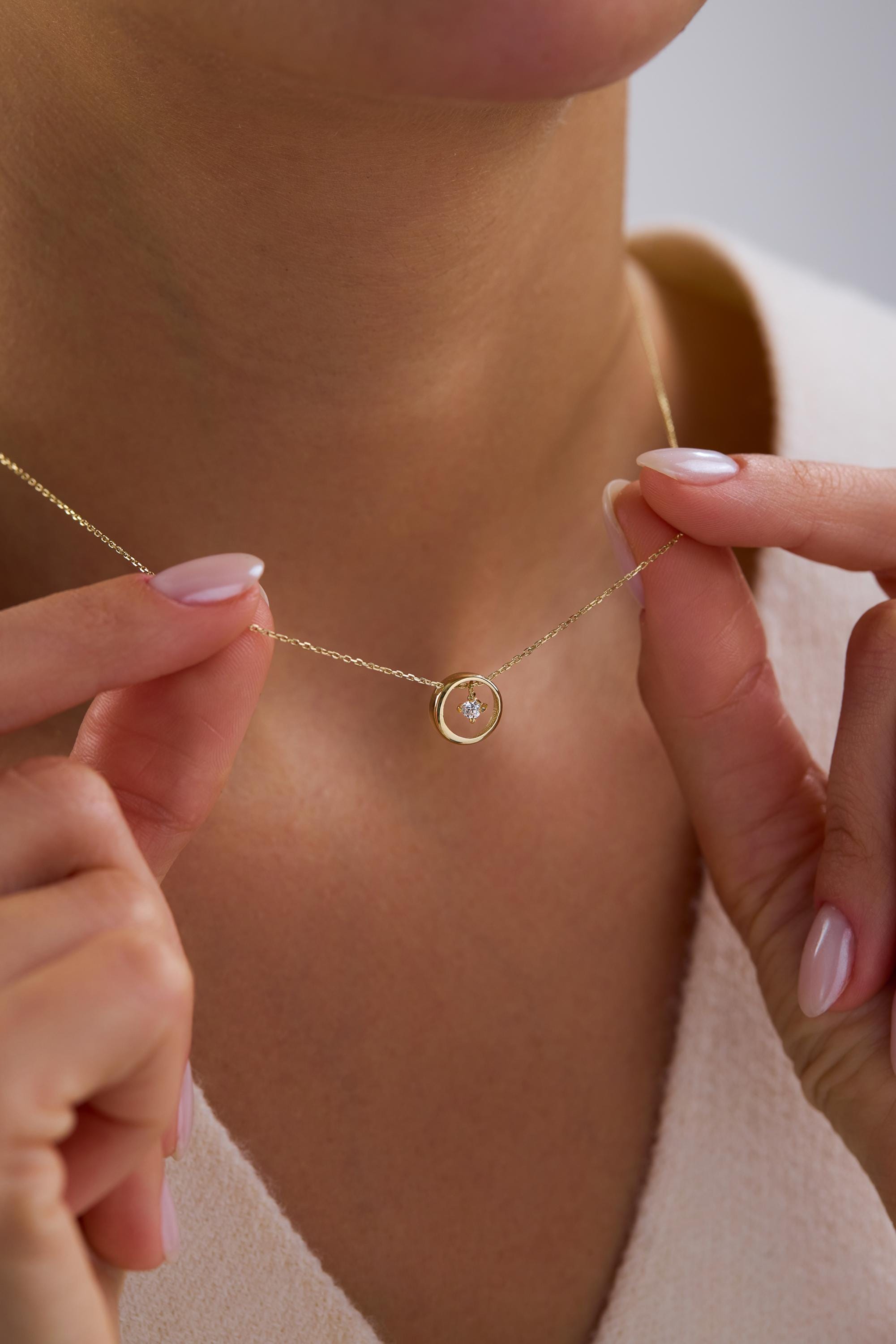 14K Dainty Diamond Circle Necklace