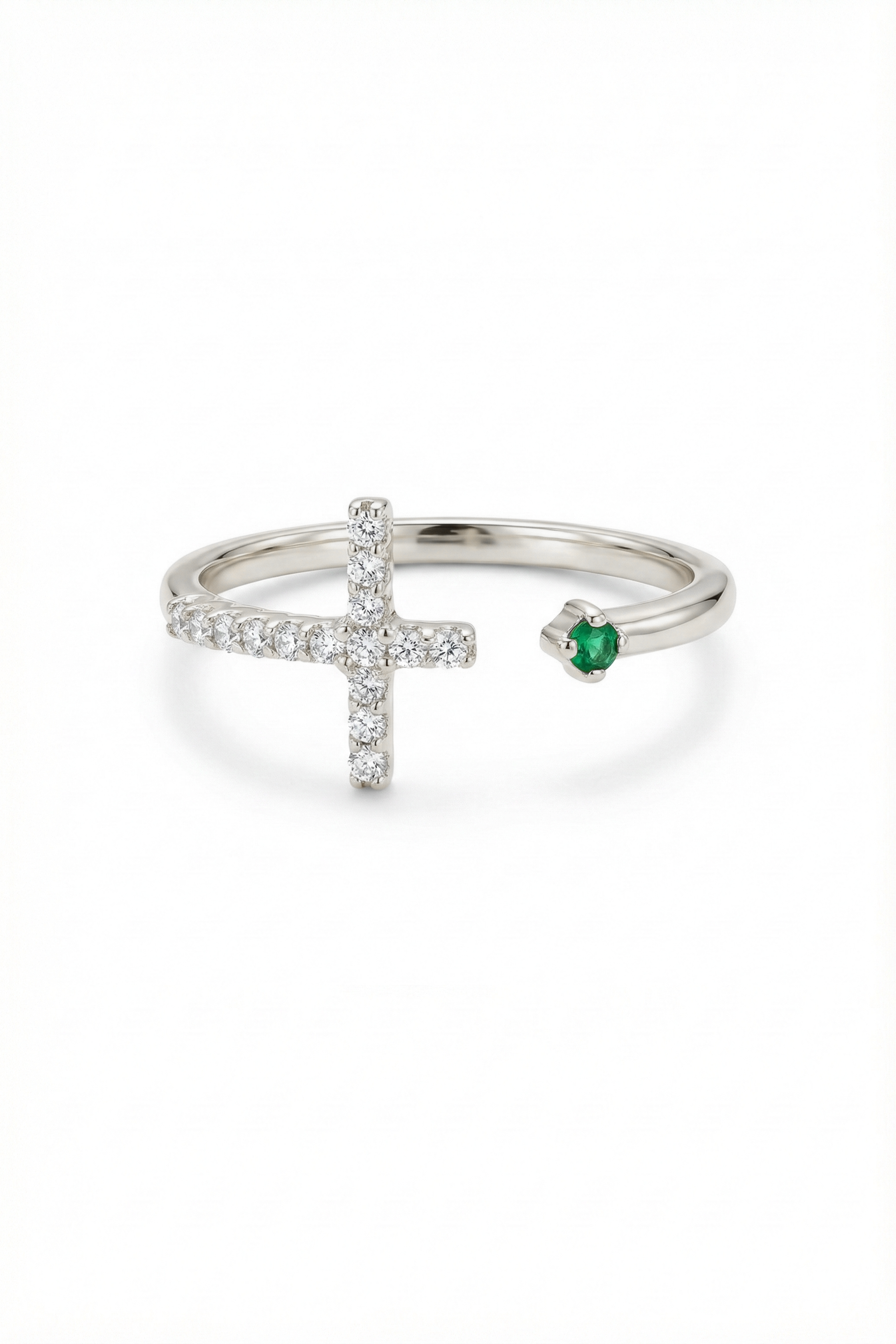 14k Gold Diamond Cross Open Ring with Emerald Accent