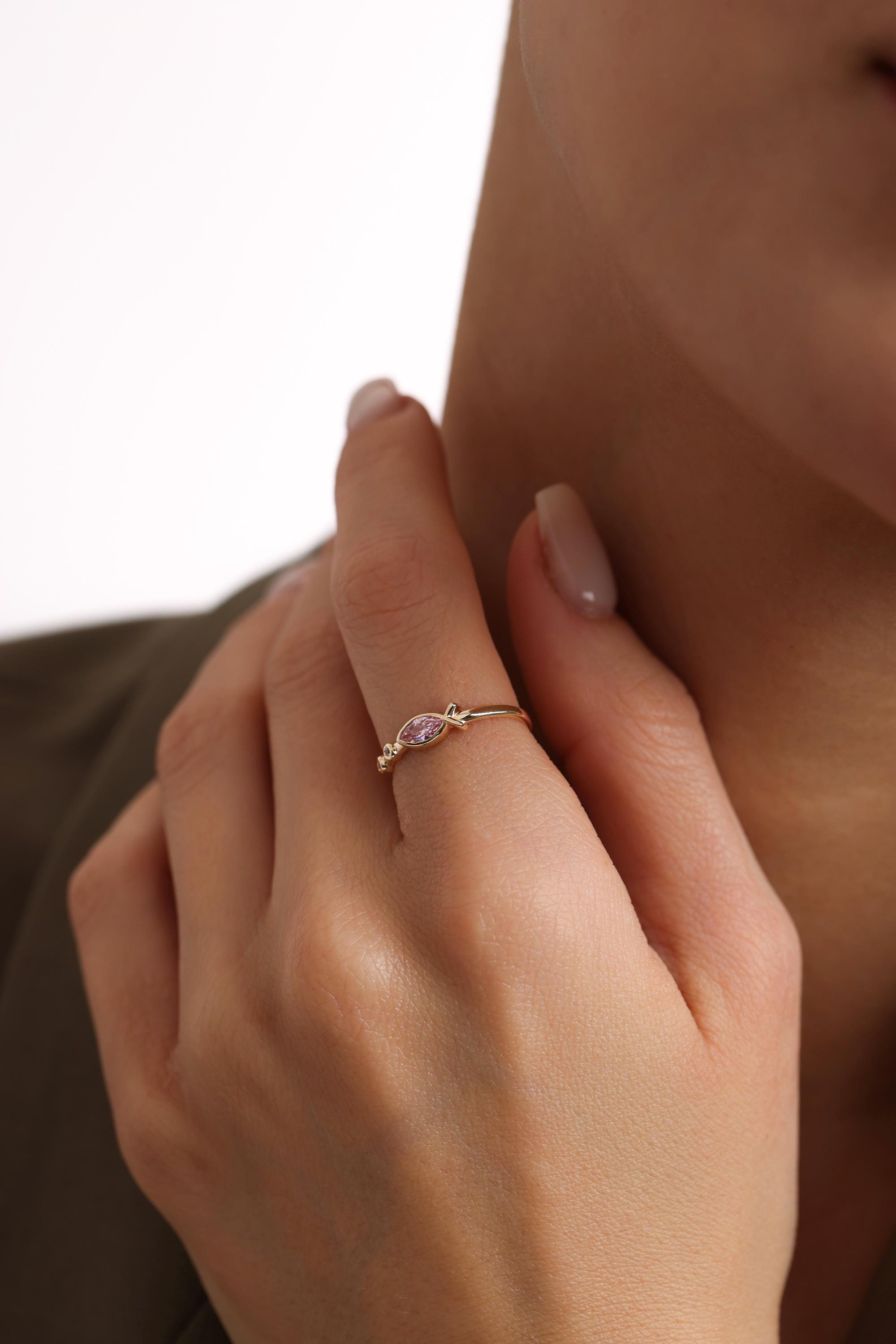 14K Solid Gold Pink Sapphire Fish Ring