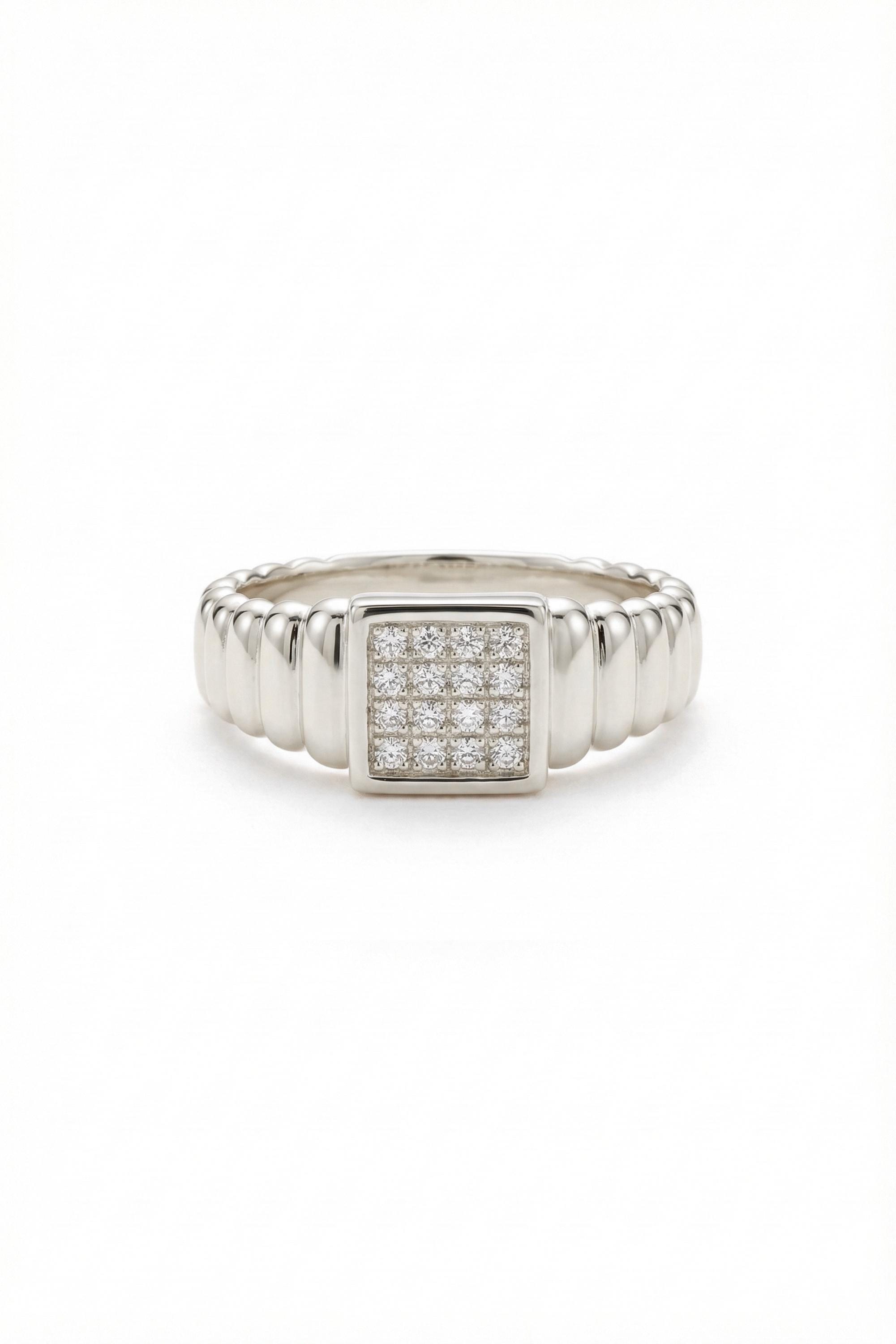 14K Gold Fluted Square Pavé Signet Ring