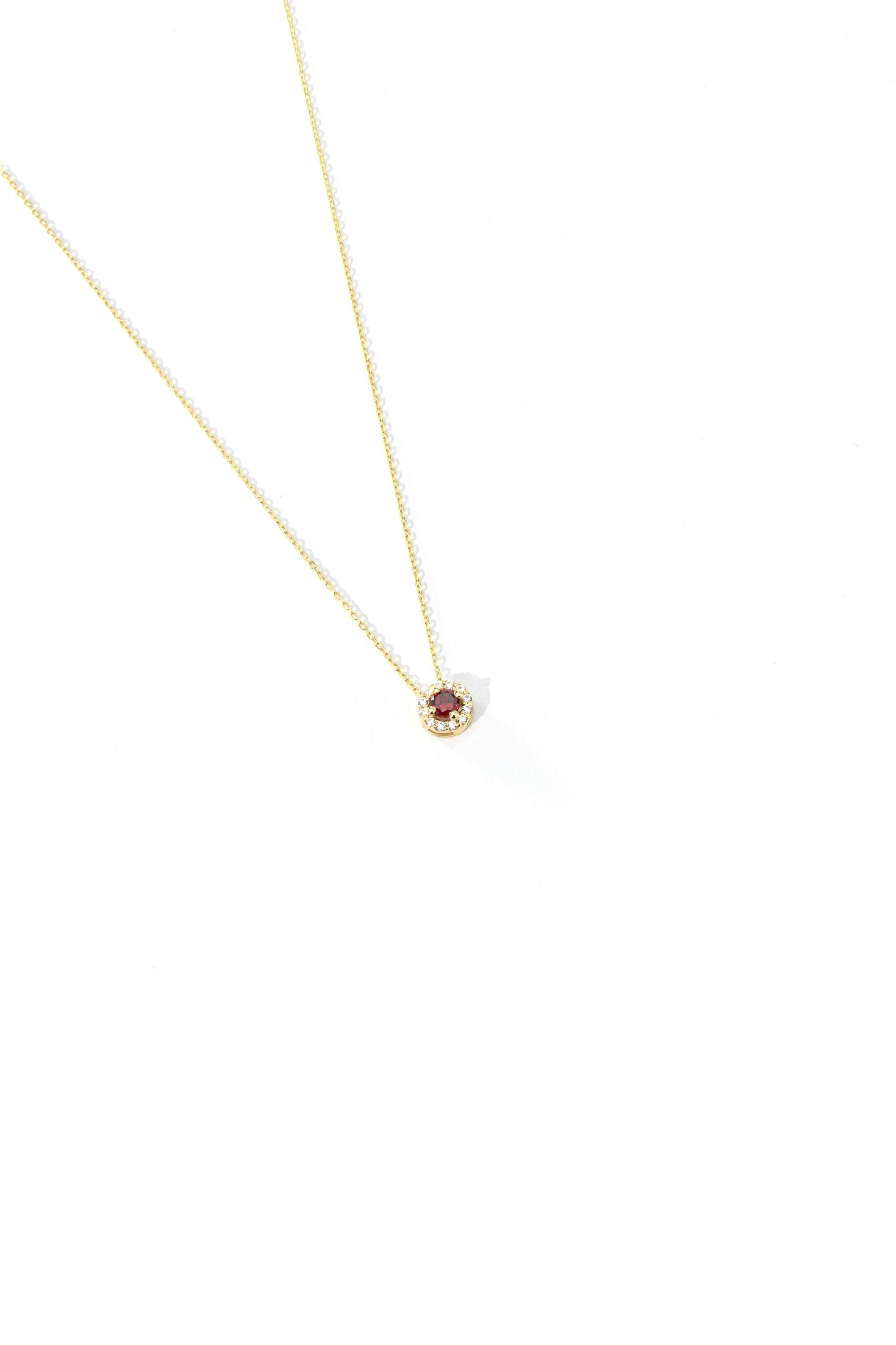 14K Solid Gold Red Gemstone Halo Necklace