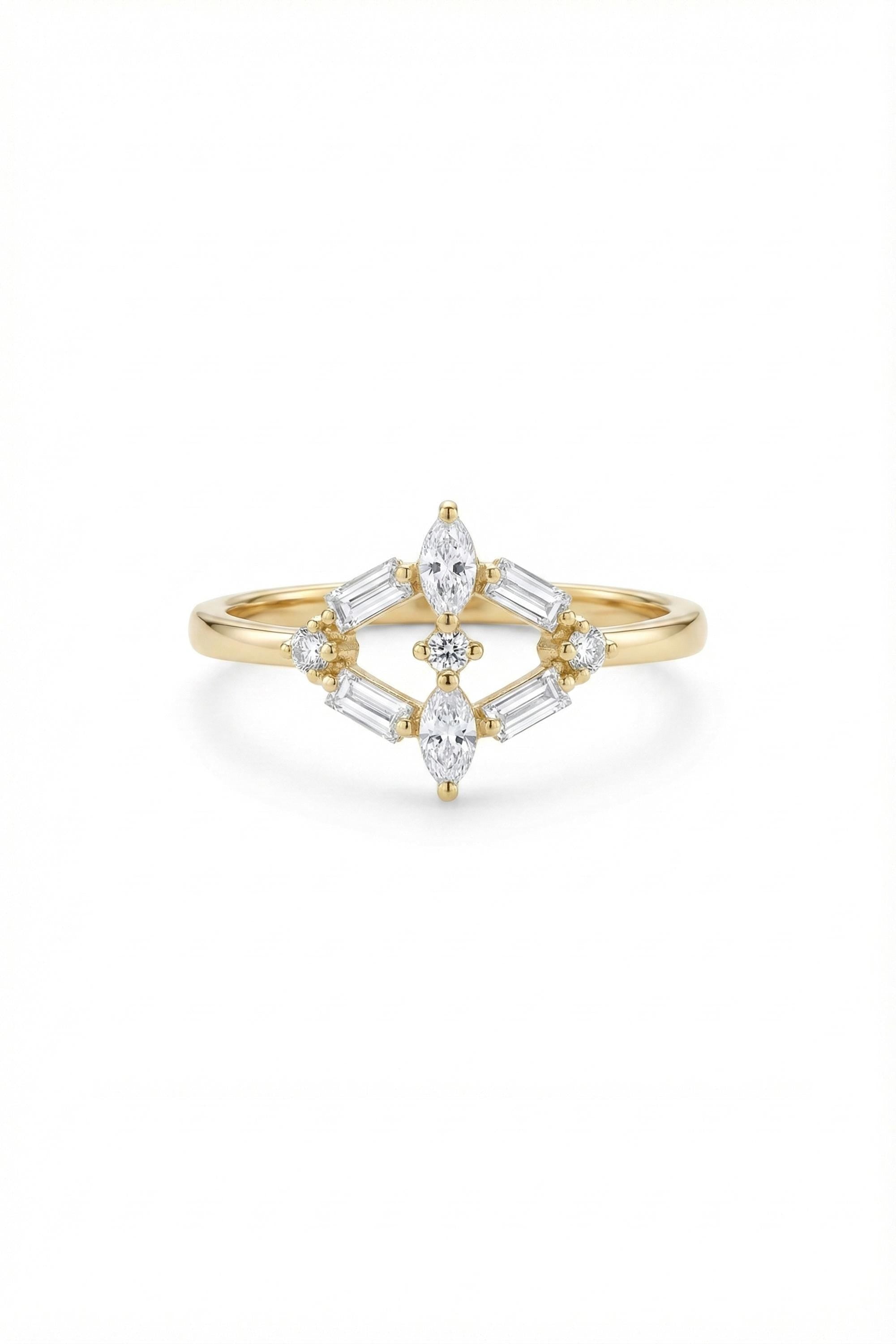 14K Gold Mixed Cut Baguette Marquise Chevron Ring