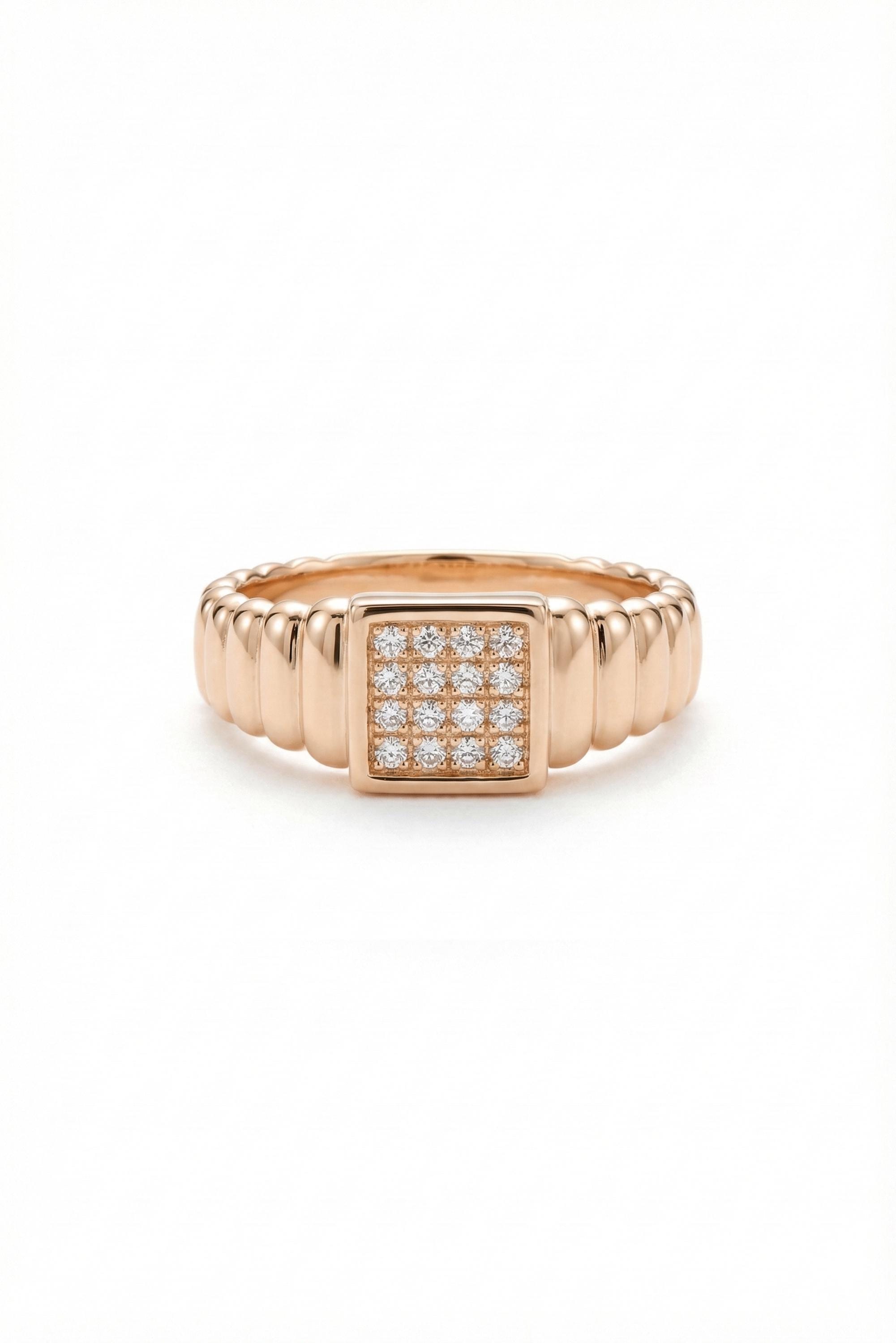 14K Gold Fluted Square Pavé Signet Ring