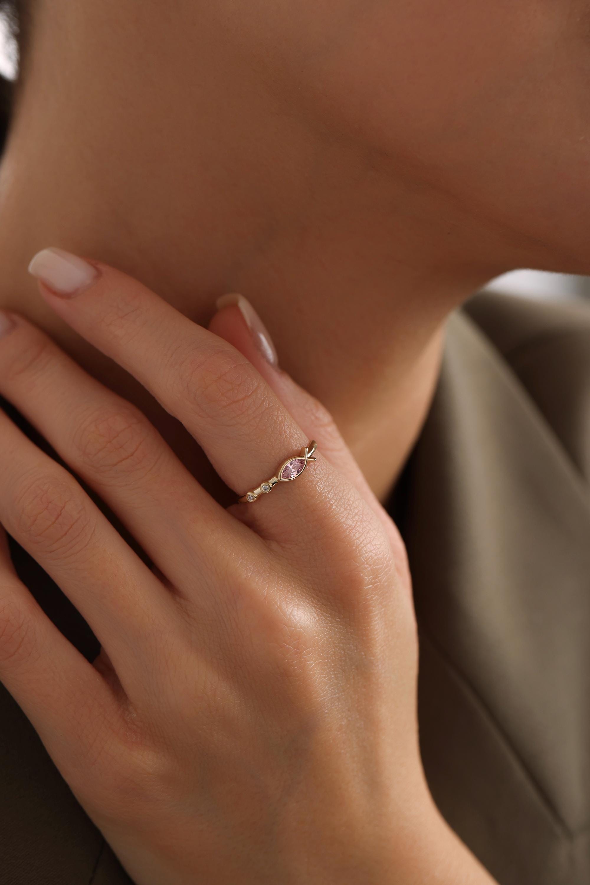 14K Solid Gold Pink Sapphire Fish Ring