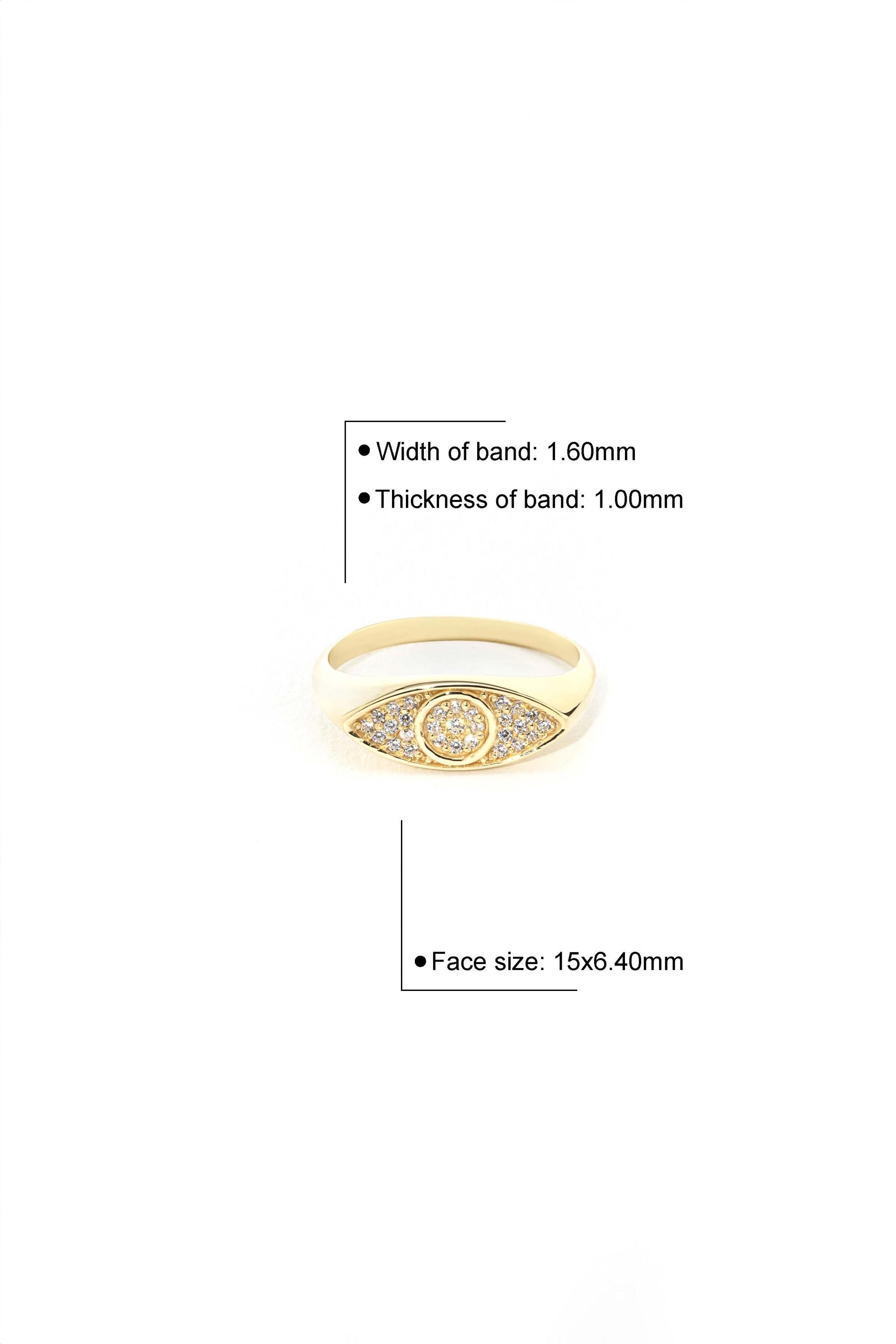 a gold ring with a diamond-encrusted eye design, and there are measurements provided for the width and thickness of the band.