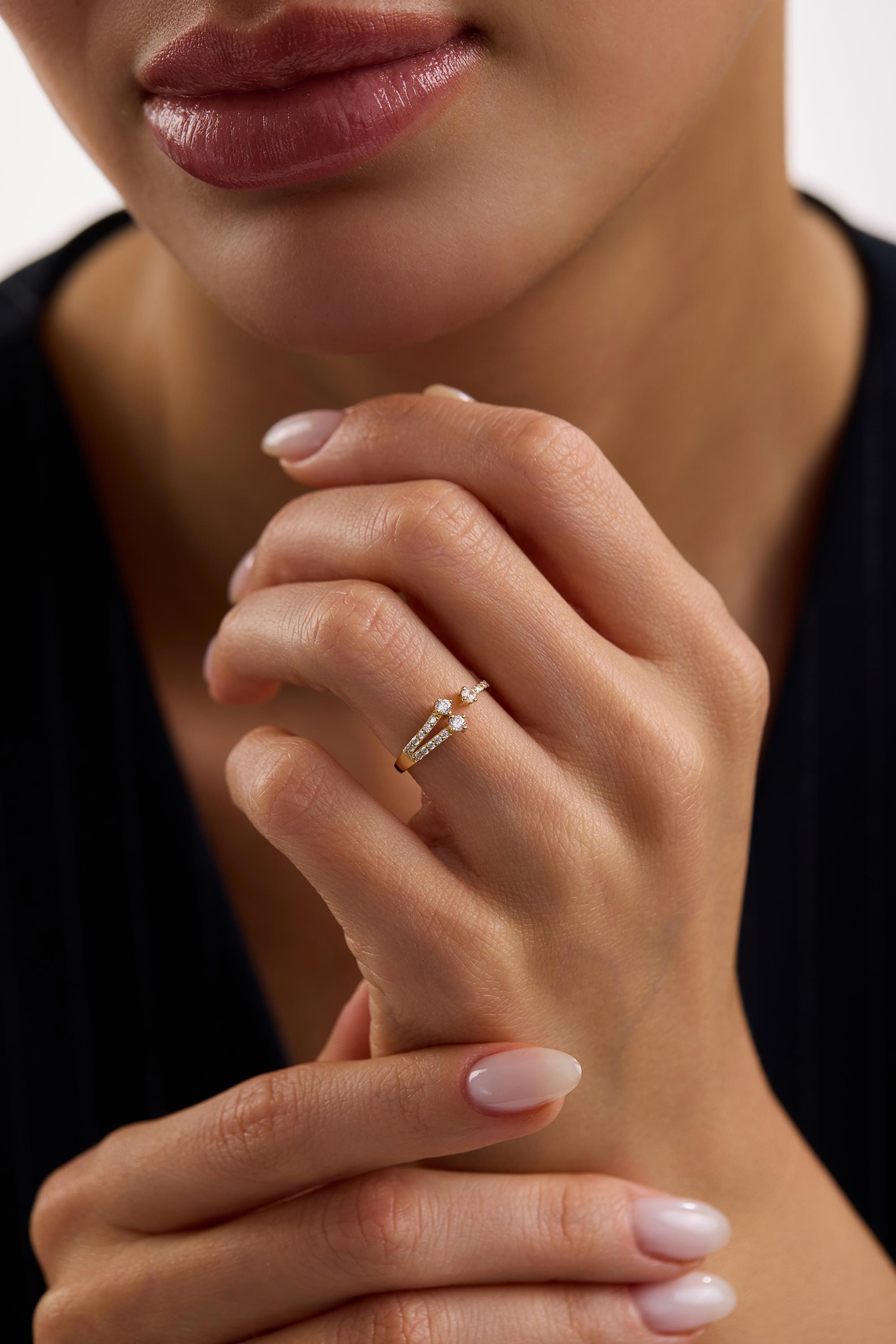 14K Gold Diamond Split Ring Minimalist Open Band Gold Ring