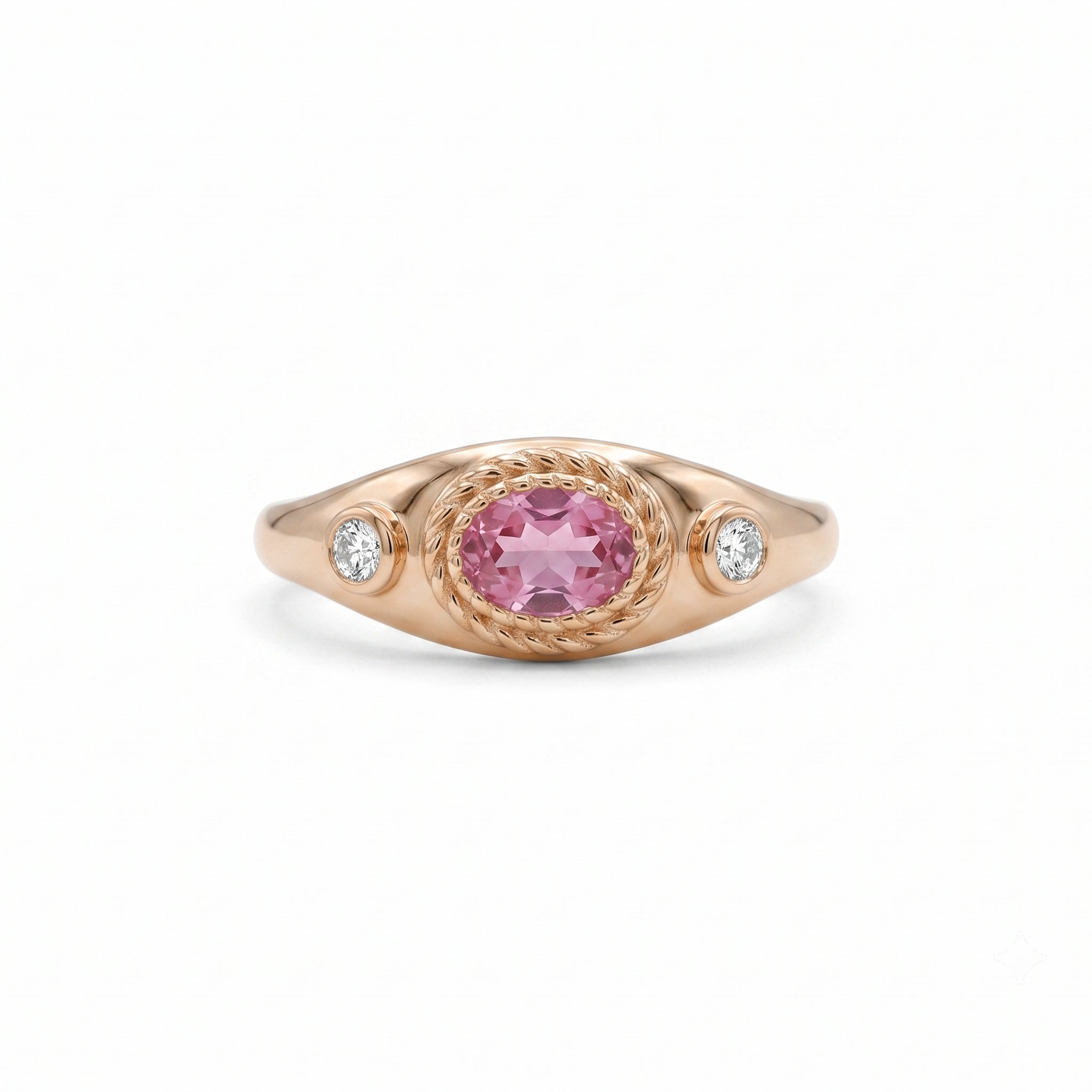 14K Gold Pink Tourmaline Rope Signet Ring