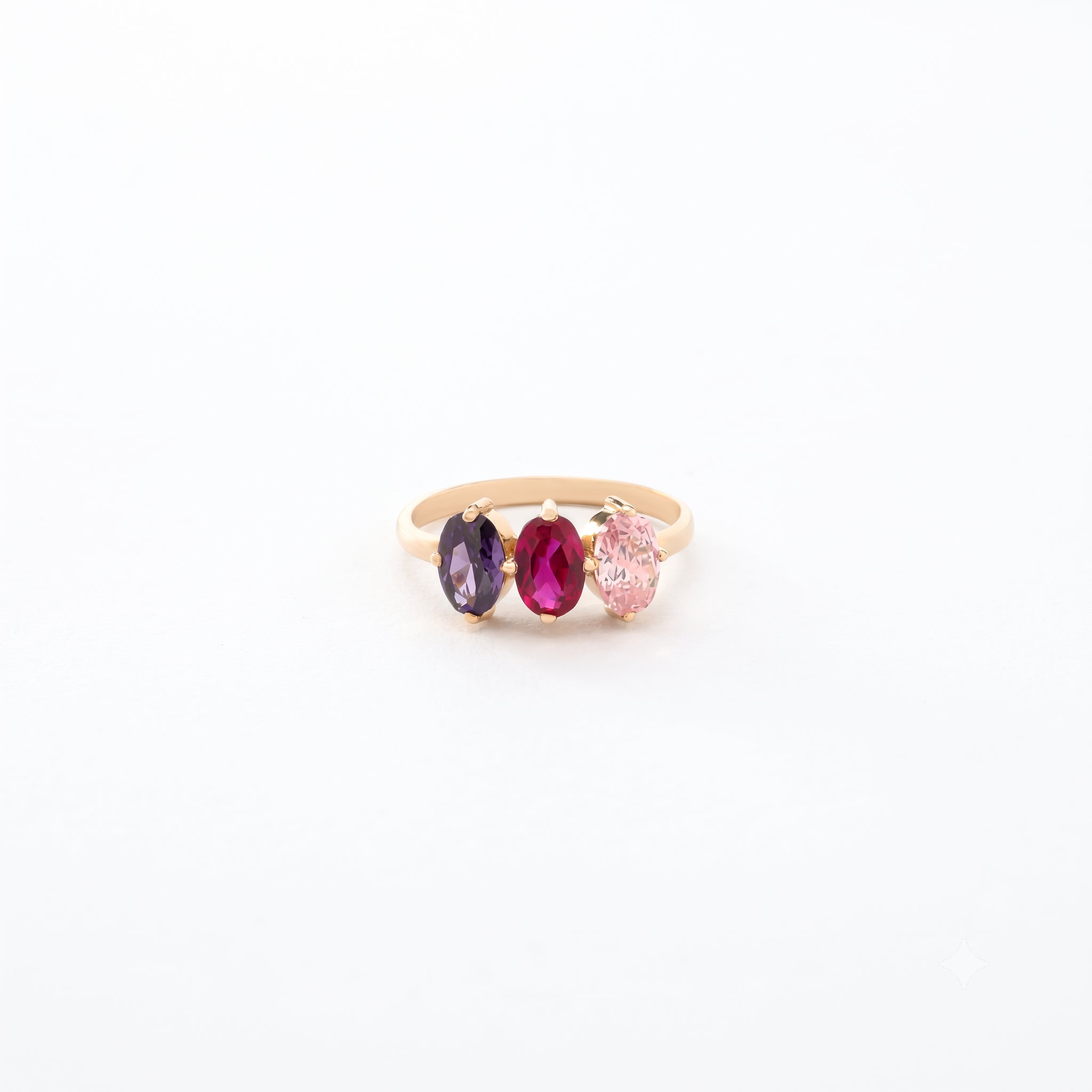 14K Gold Oval Multi-Gemstone Three-Stone Ring