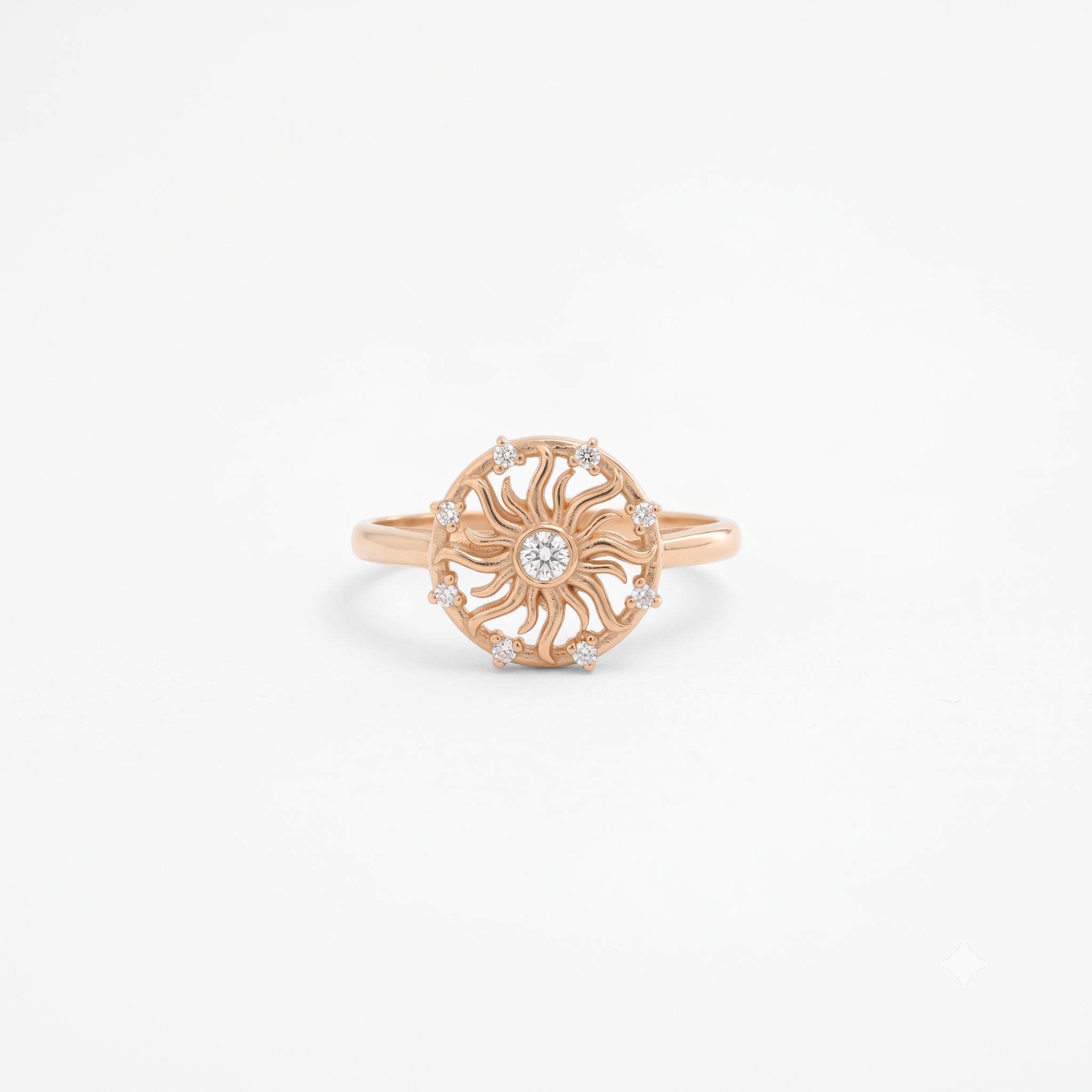 14K Gold Diamond Celestial Sunburst Medallion Ring