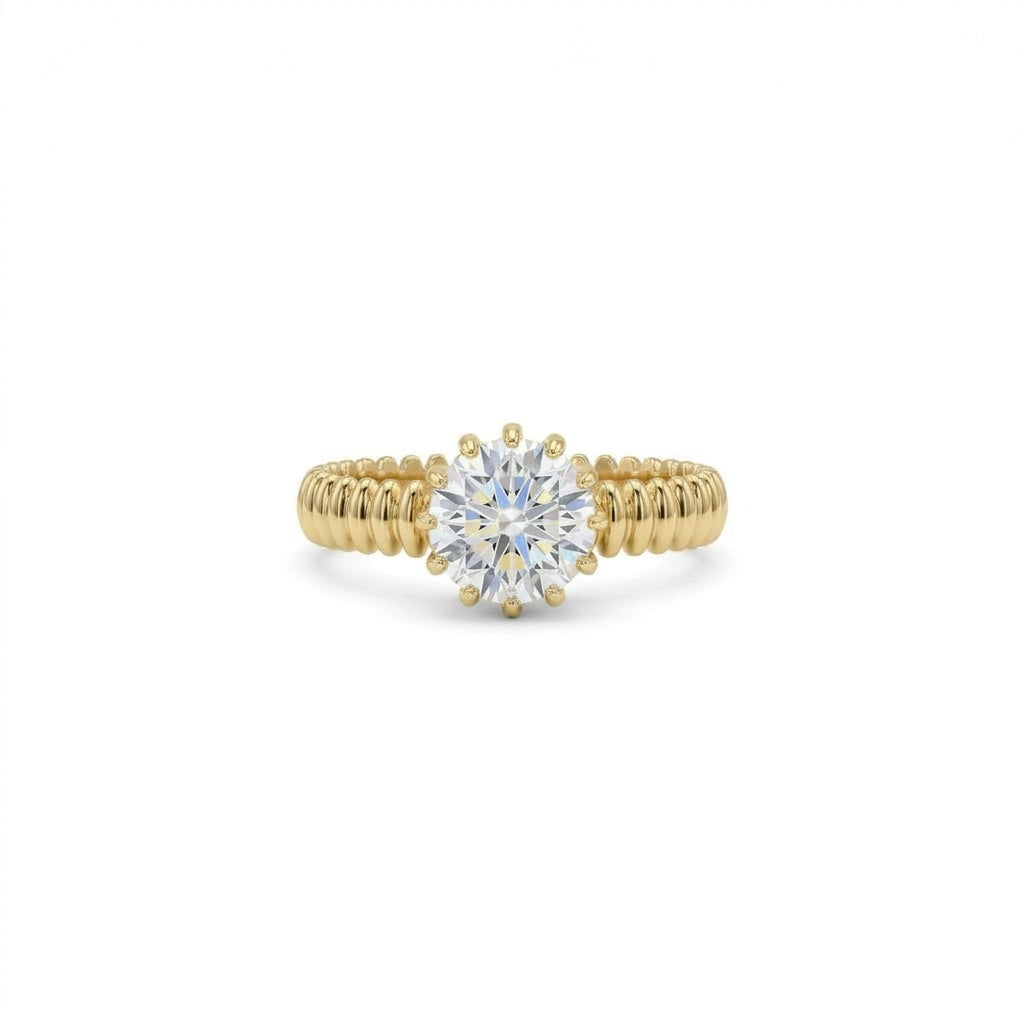 14K Gold Round 1 Carat Lab Diamond Solitaire Ring with Ribbed Band