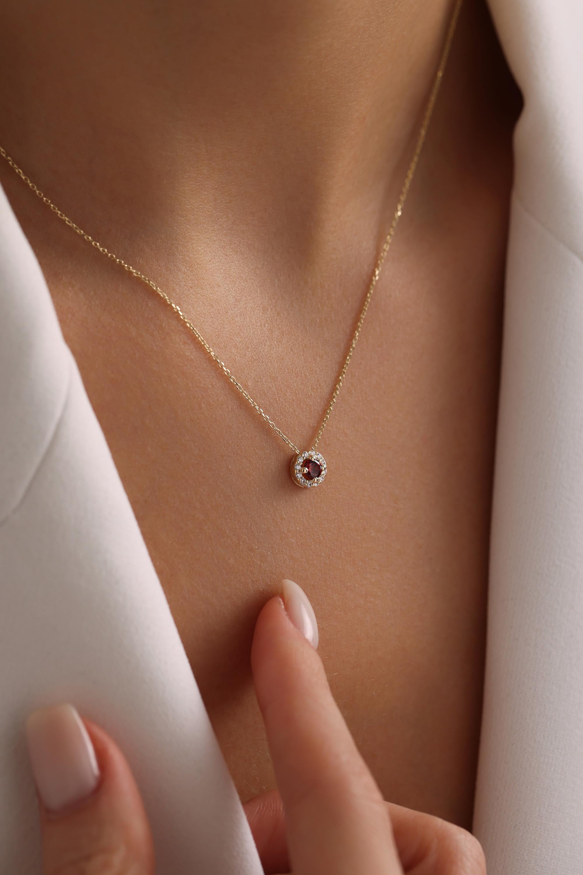 14K Solid Gold Red Gemstone Halo Necklace
