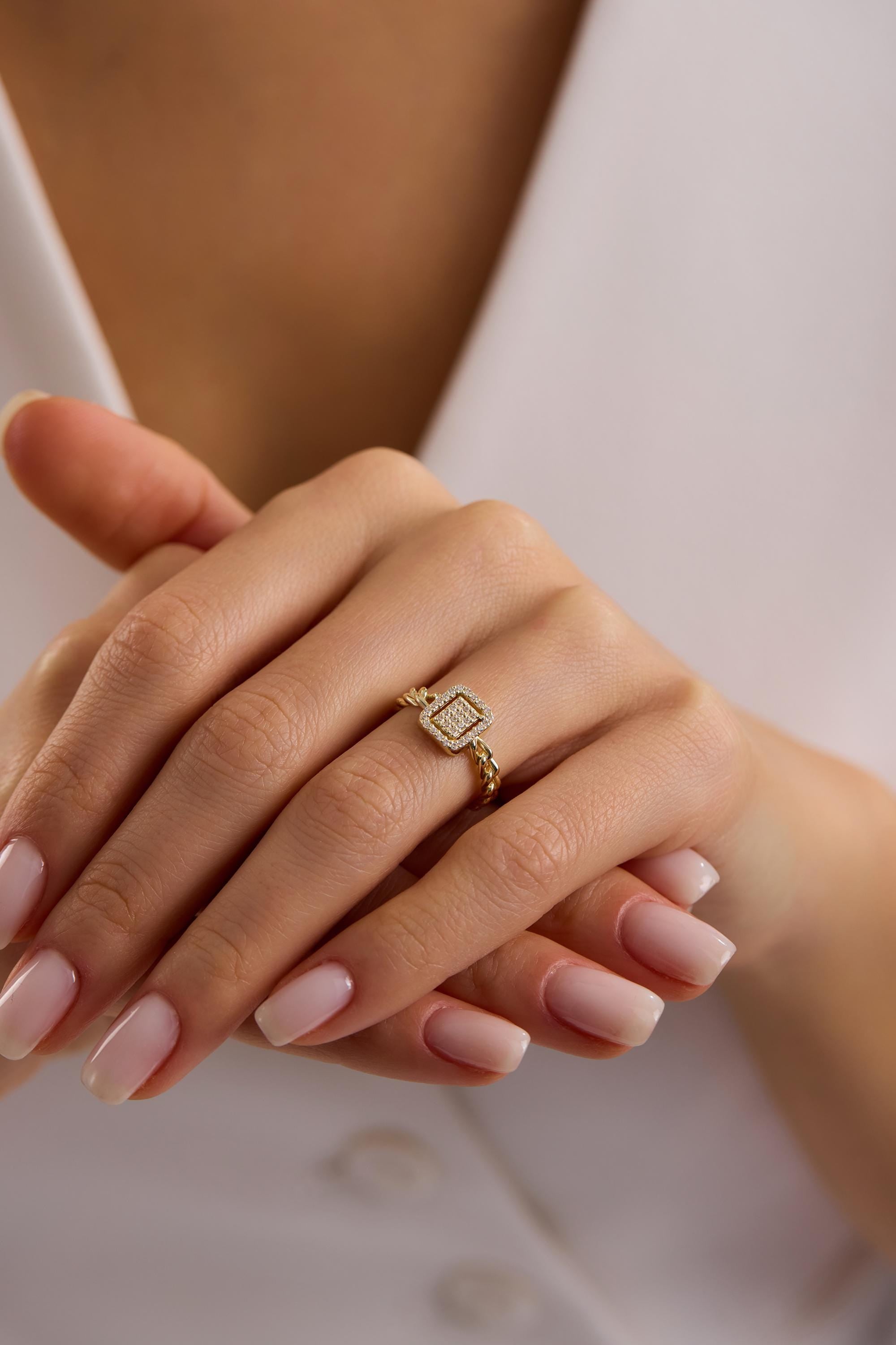 14K Gold Rectangle Halo Cluster Ring