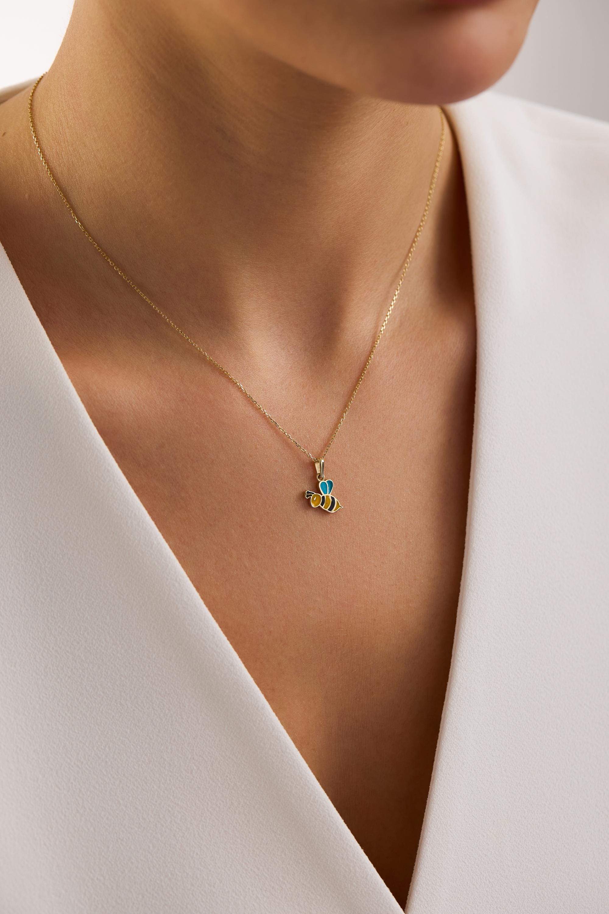 14K Gold Enamel Bumblebee Pendant Necklace