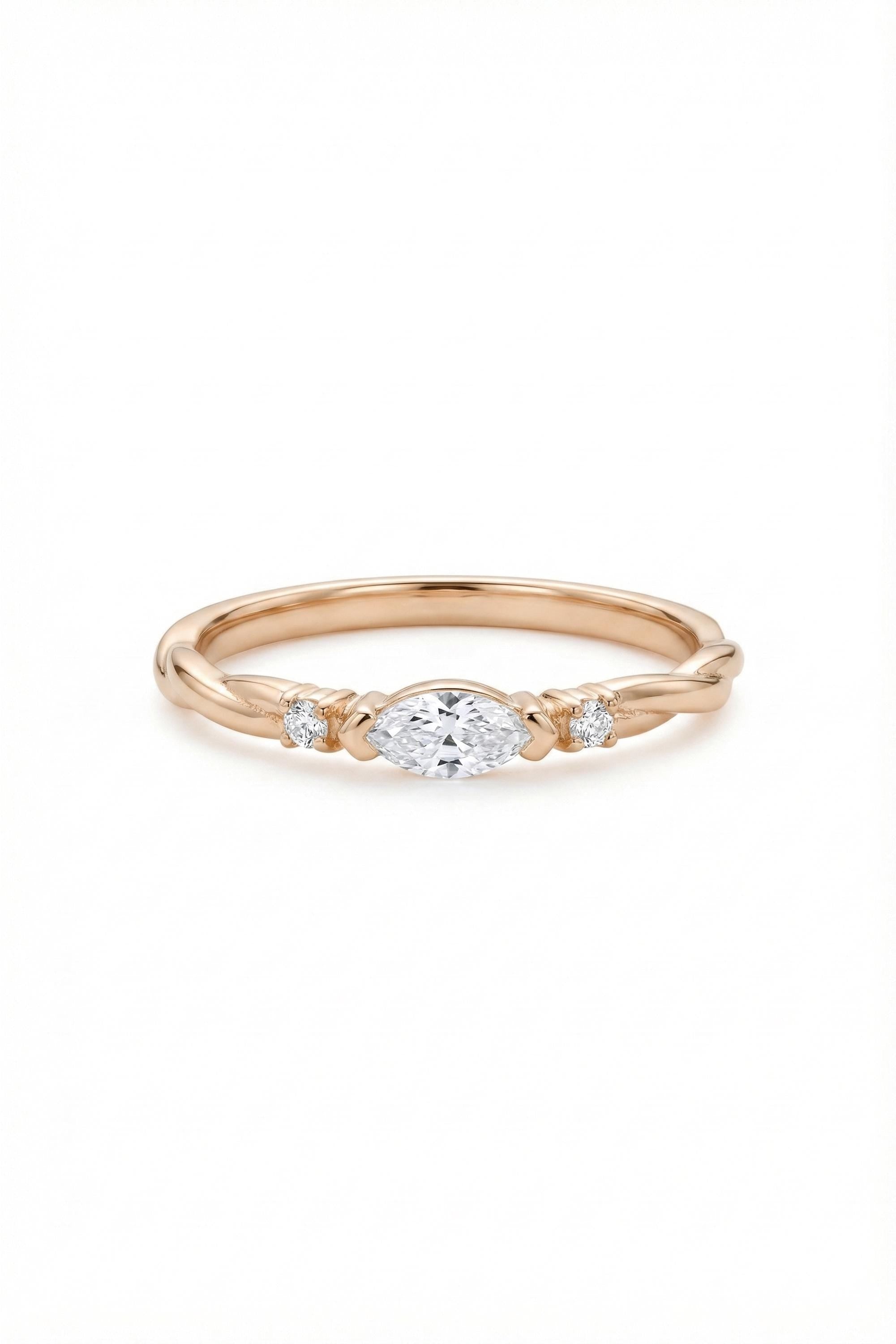 14K Gold East West Marquise Twisted Band Ring