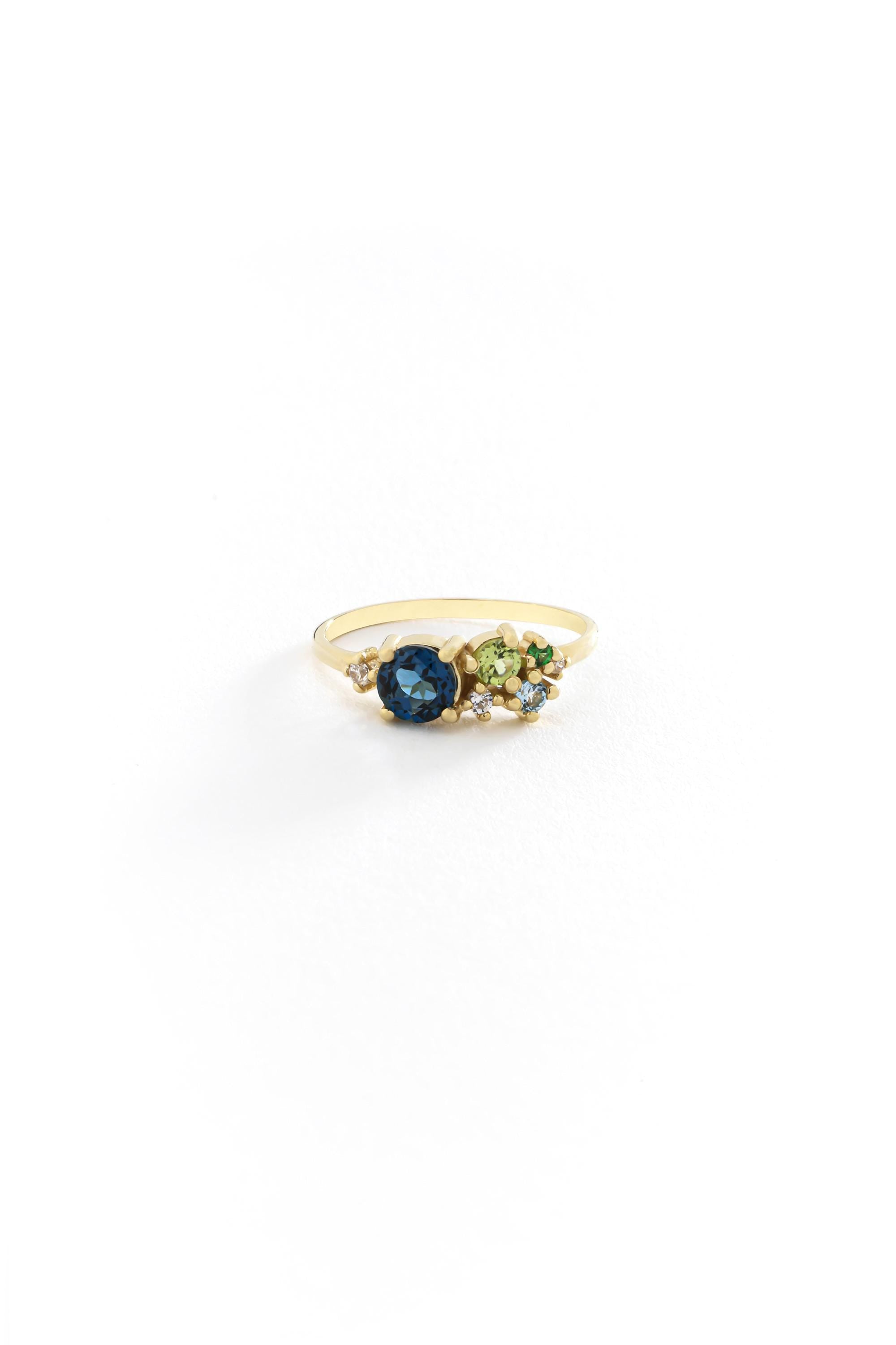 14K Solid Gold Blue Gemstone Cluster Ring