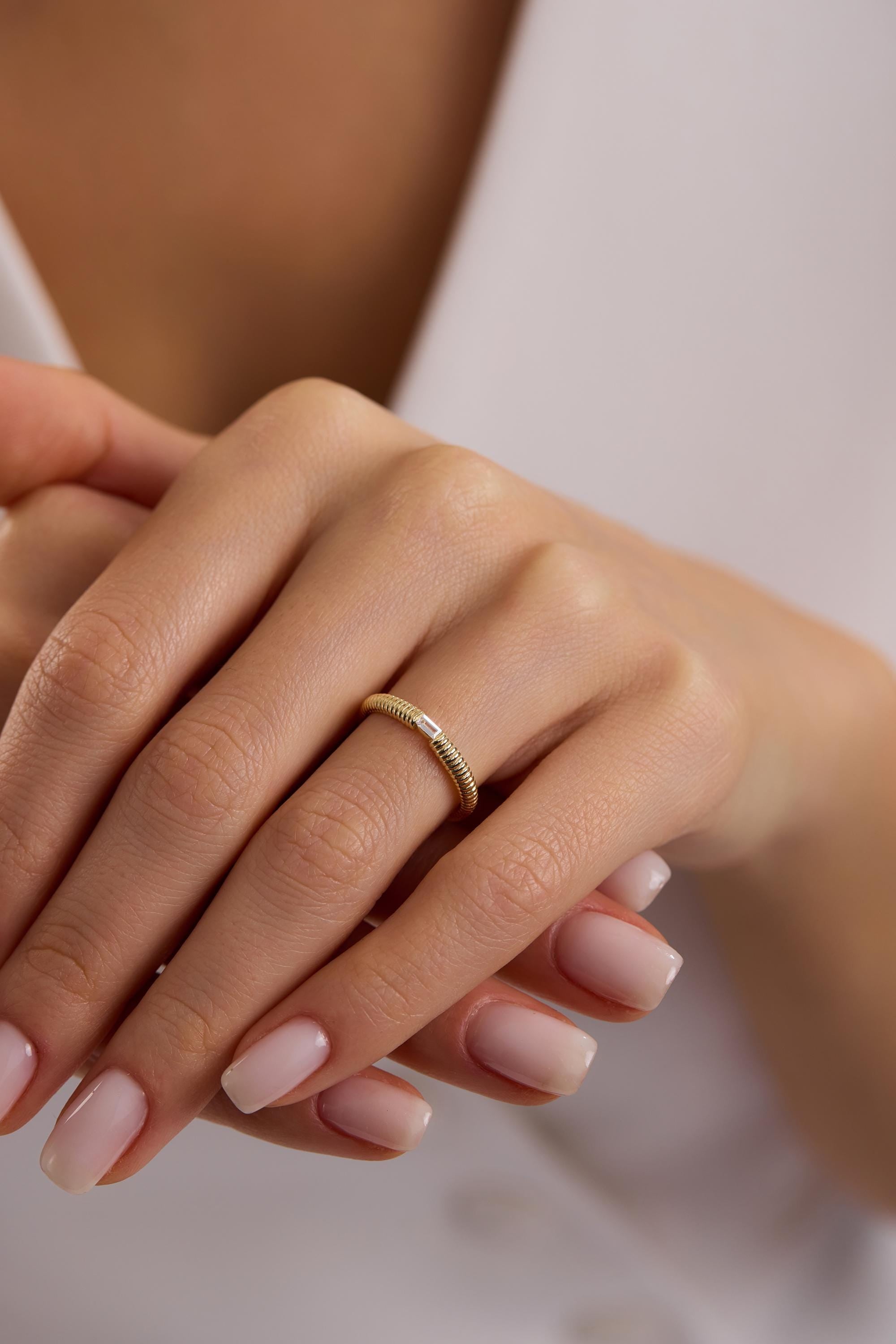 14K Gold East West Baguette Milgrain Band Ring